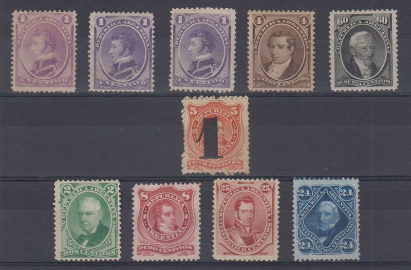 Argentina 1873 — Scott 22-23, 22a, 25, 30, 38-40 & 56