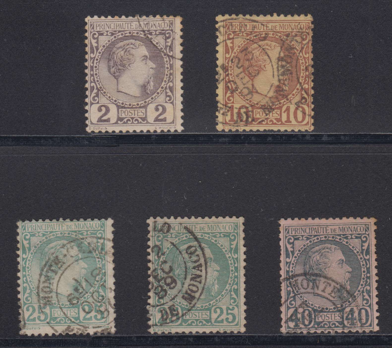 Monaco 1885 — Scott 2, 4, 6 (2x) & 7
