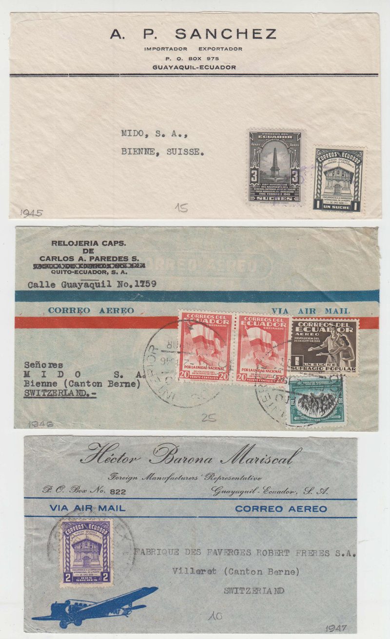 Ecuador 1946 — Better collection of 14 airmail covers to Switzerland including two registered