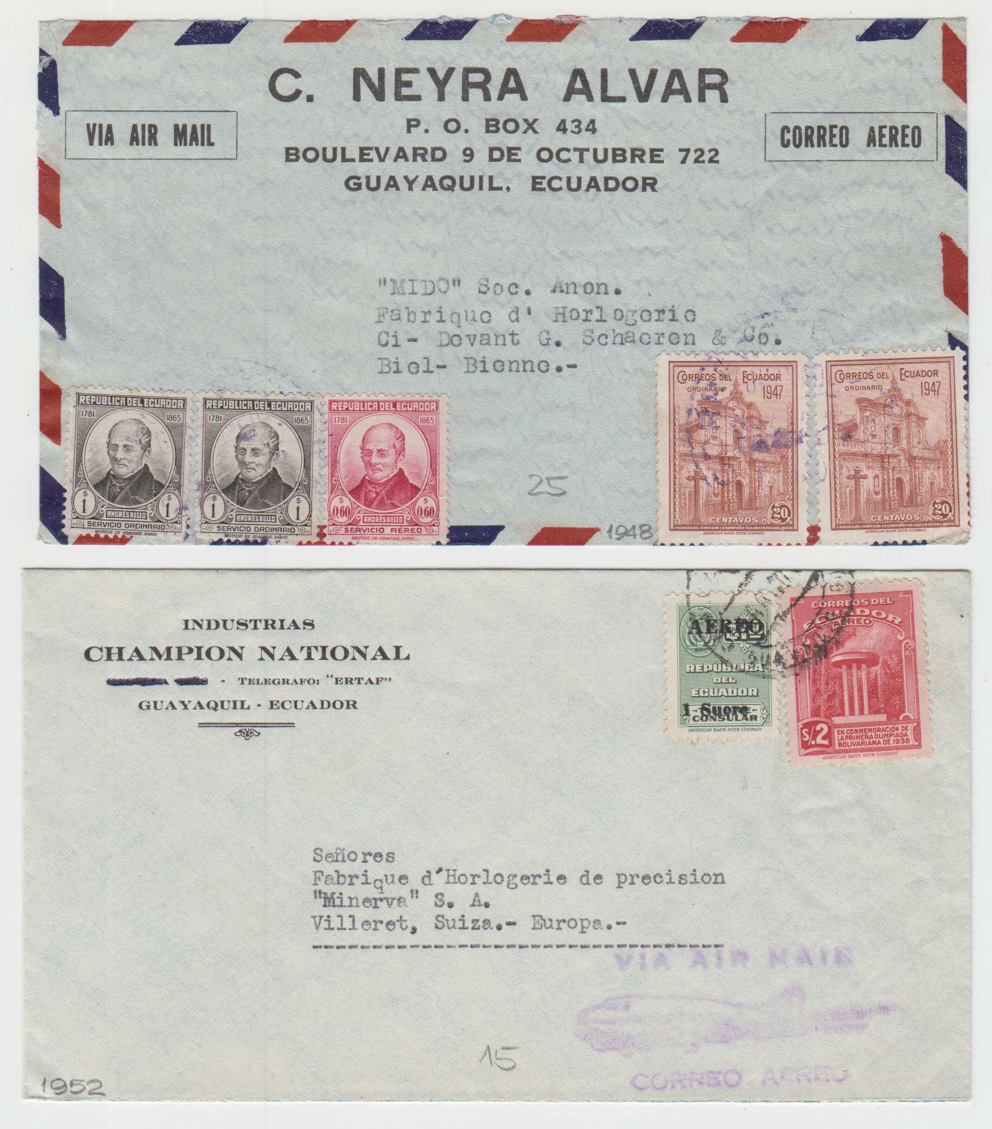 Ecuador 1946 — Better collection of 14 airmail covers to Switzerland including two registered