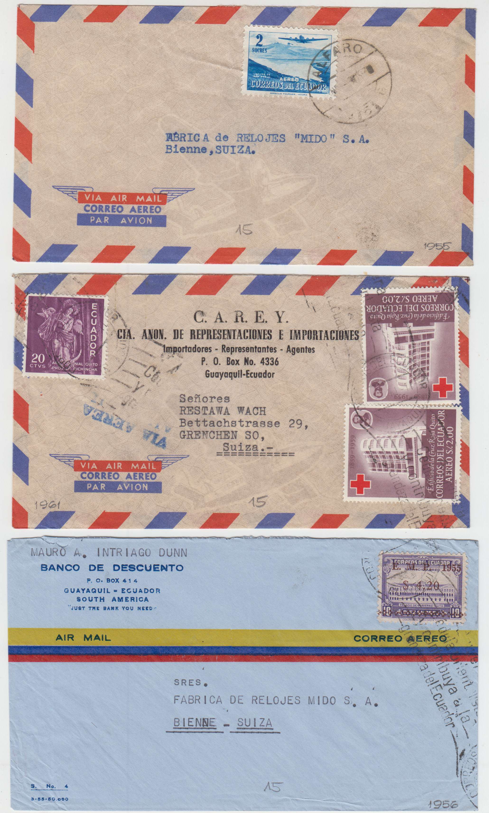 Ecuador 1946 — Better collection of 14 airmail covers to Switzerland including two registered