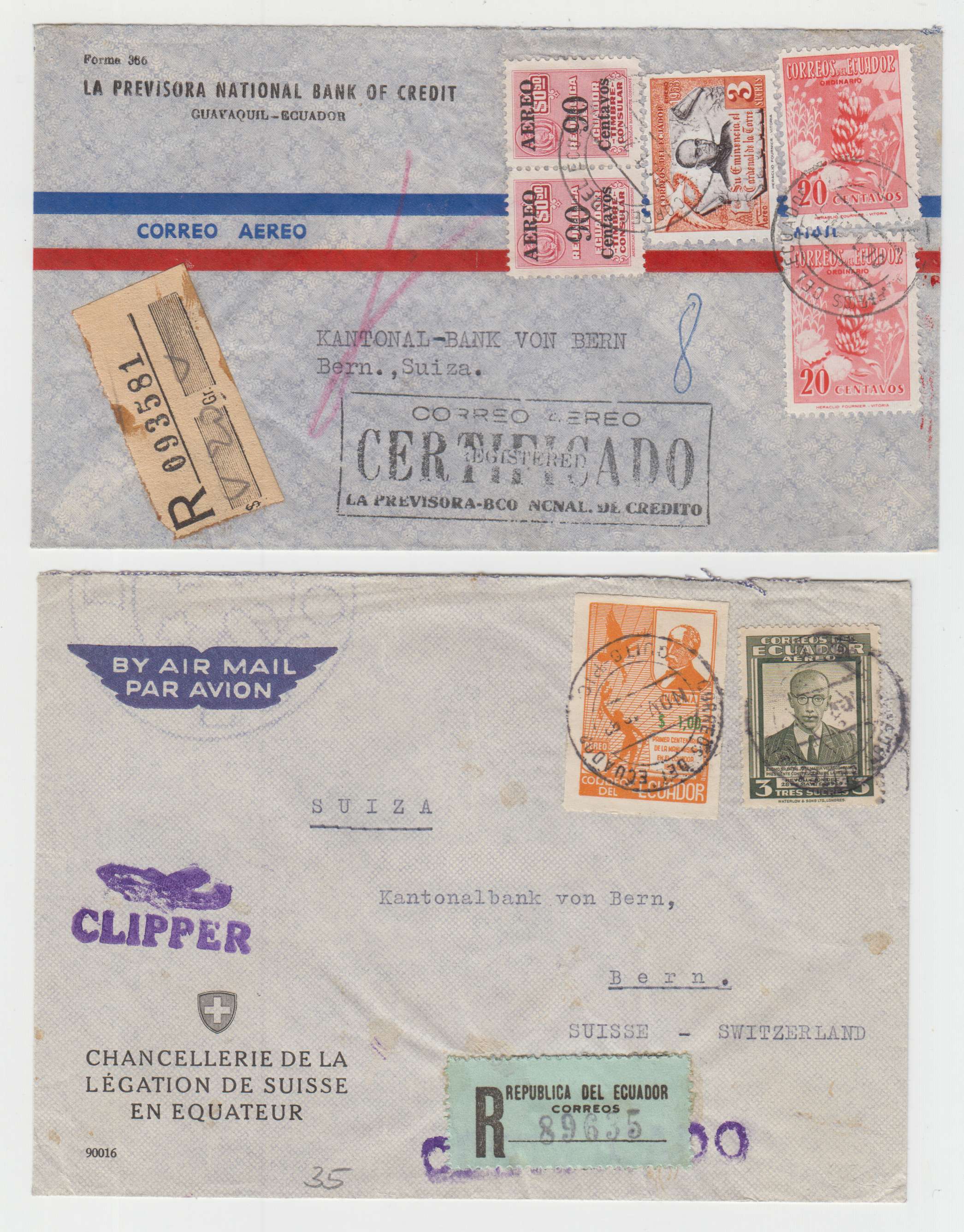Ecuador 1946 — Better collection of 14 airmail covers to Switzerland including two registered