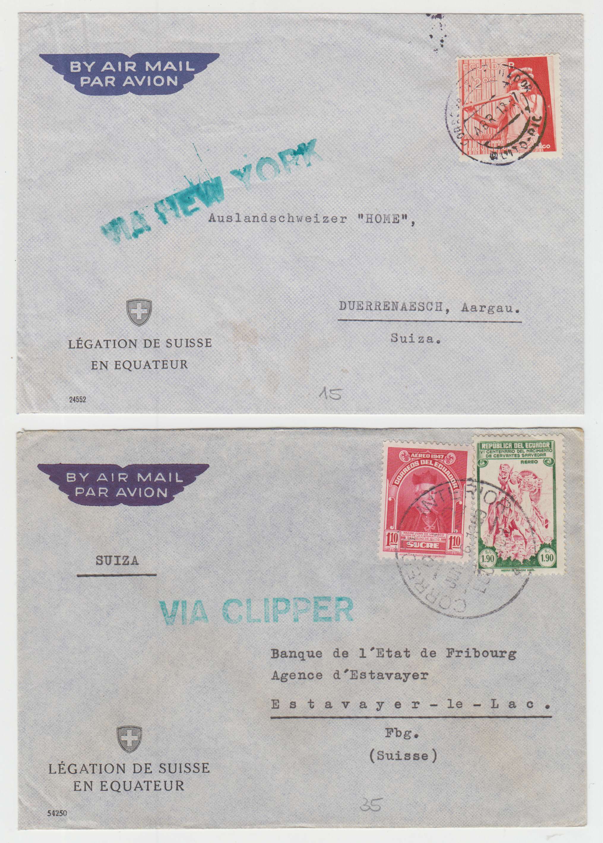 Ecuador 1946 — Better collection of 14 airmail covers to Switzerland including two registered