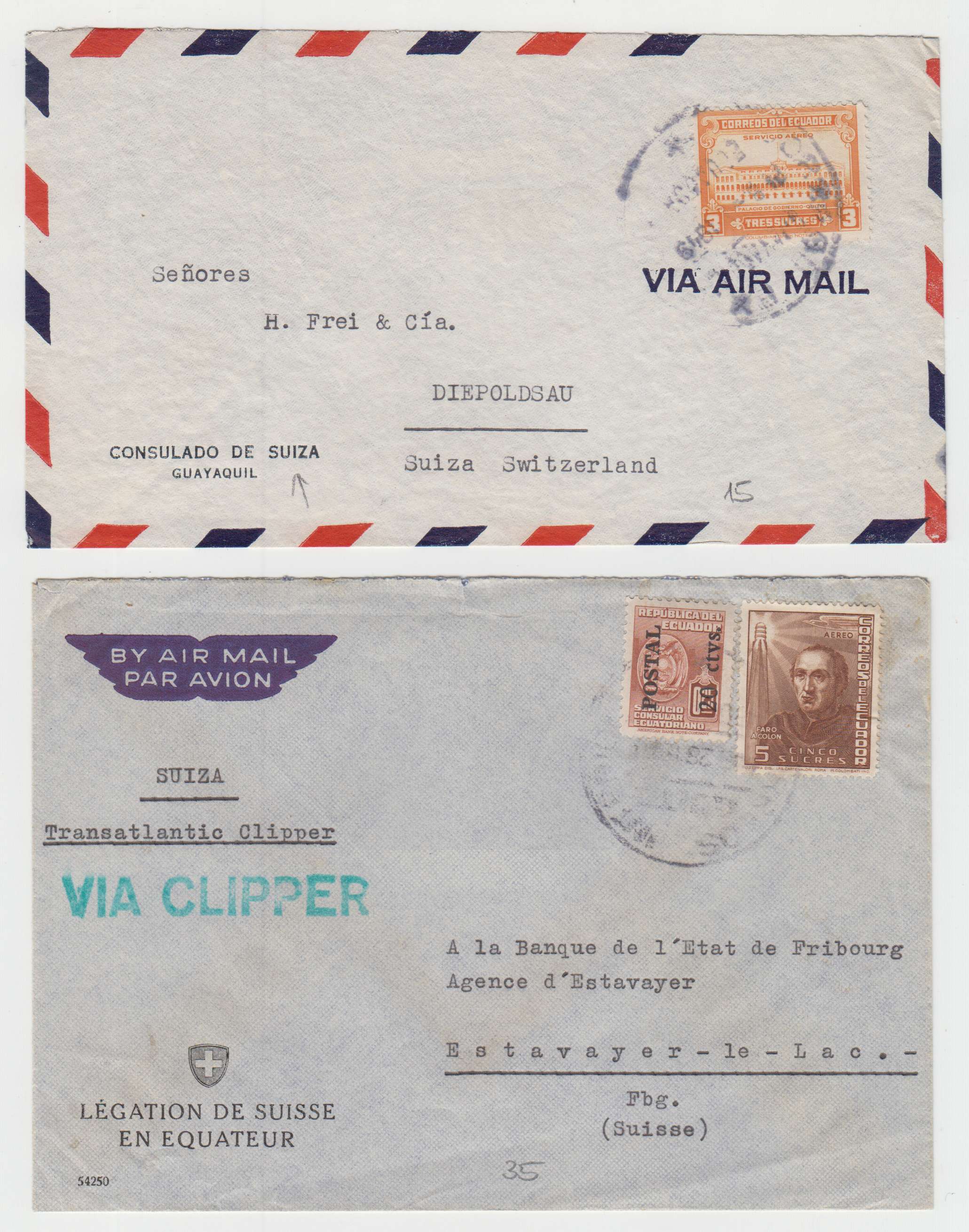 Ecuador 1946 — Better collection of 14 airmail covers to Switzerland including two registered