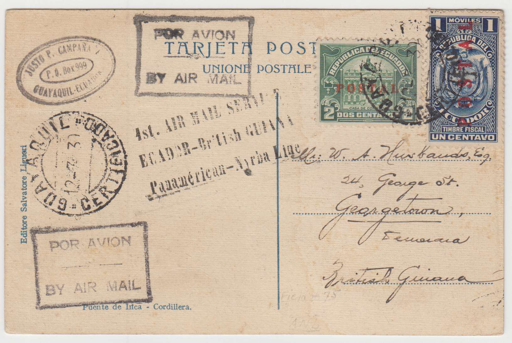 Ecuador 1930 — First Flight from Guayaquil to British Guiana