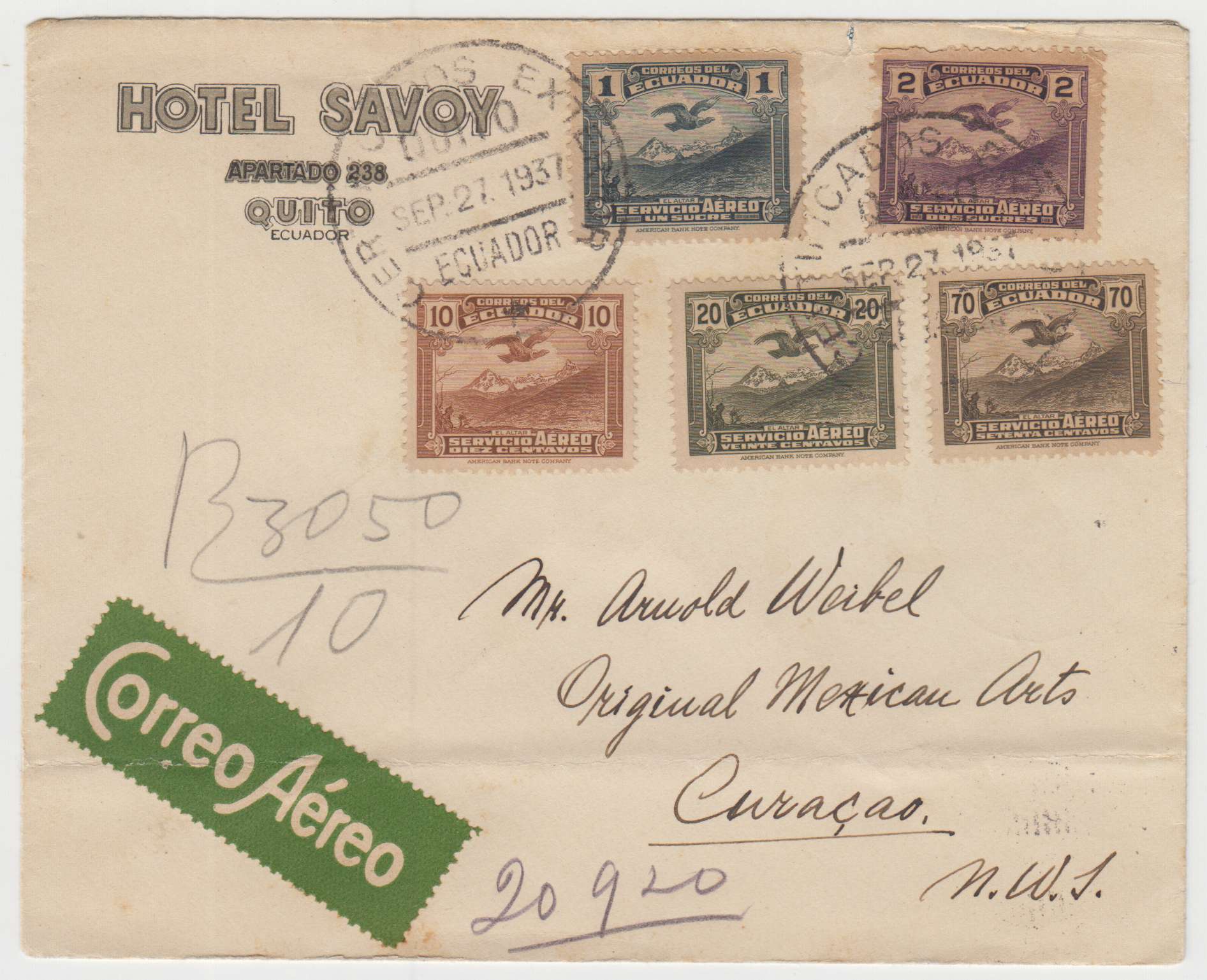 Ecuador 1937 — Registered envelope, Air Mail Service, addressed to Curacao