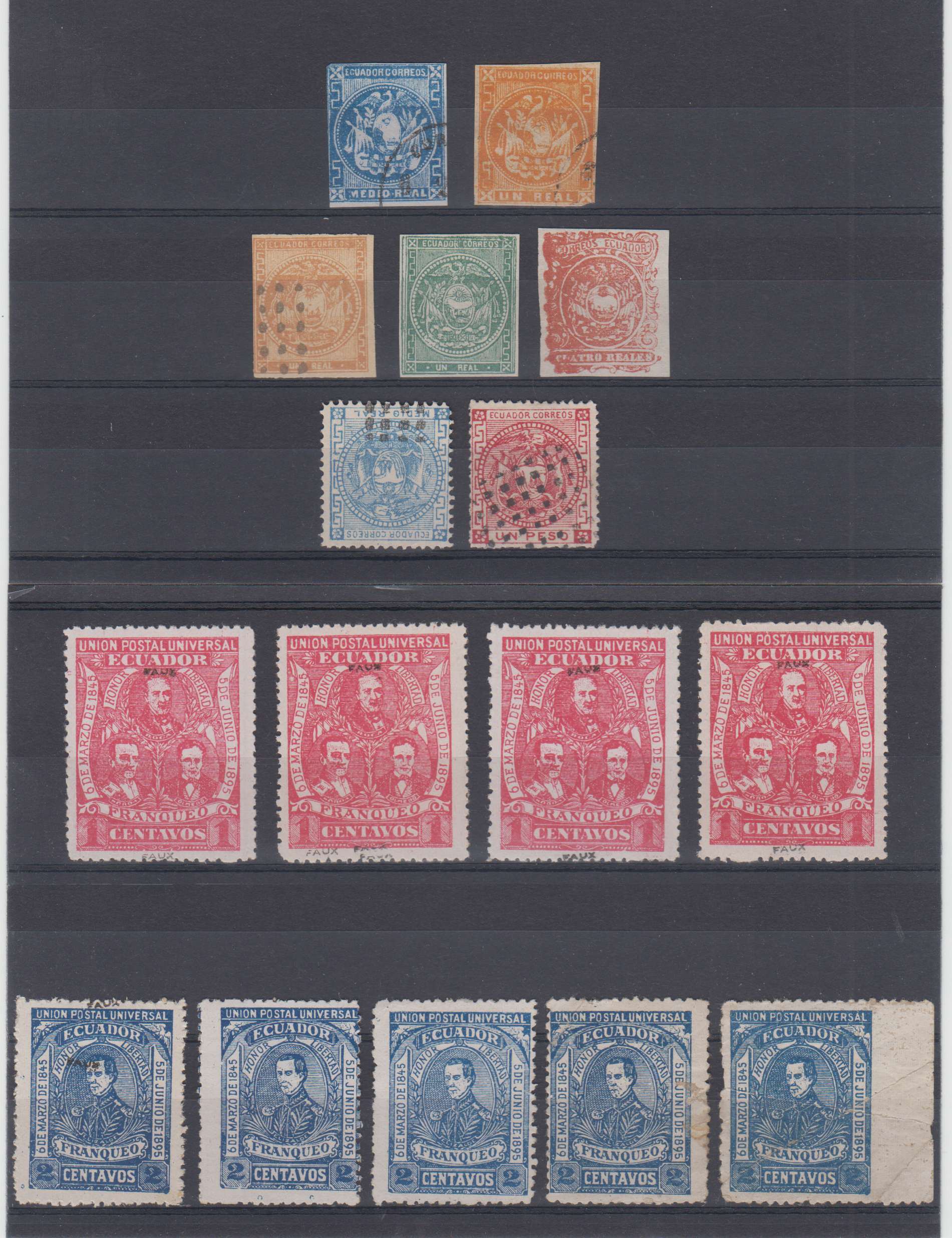 Ecuador 1865 — Collection of 43 forgeries including Fournier, bogus & forged surcharges with error "1…