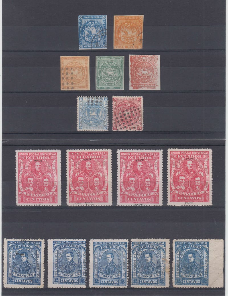 Ecuador 1865 — Collection of 43 forgeries including Fournier, bogus & forged surcharges with error "1…