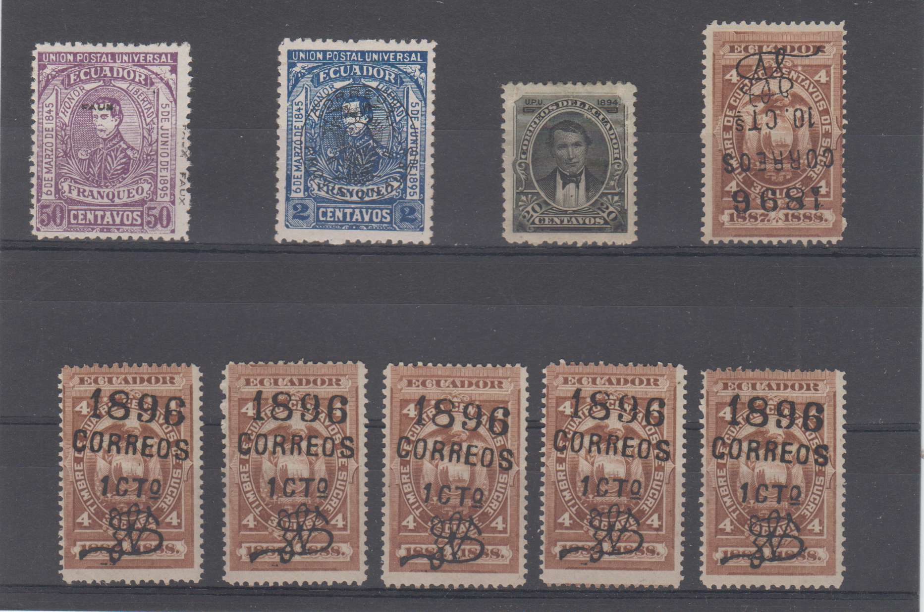 Ecuador 1865 — Collection of 43 forgeries including Fournier, bogus & forged surcharges with error "1…
