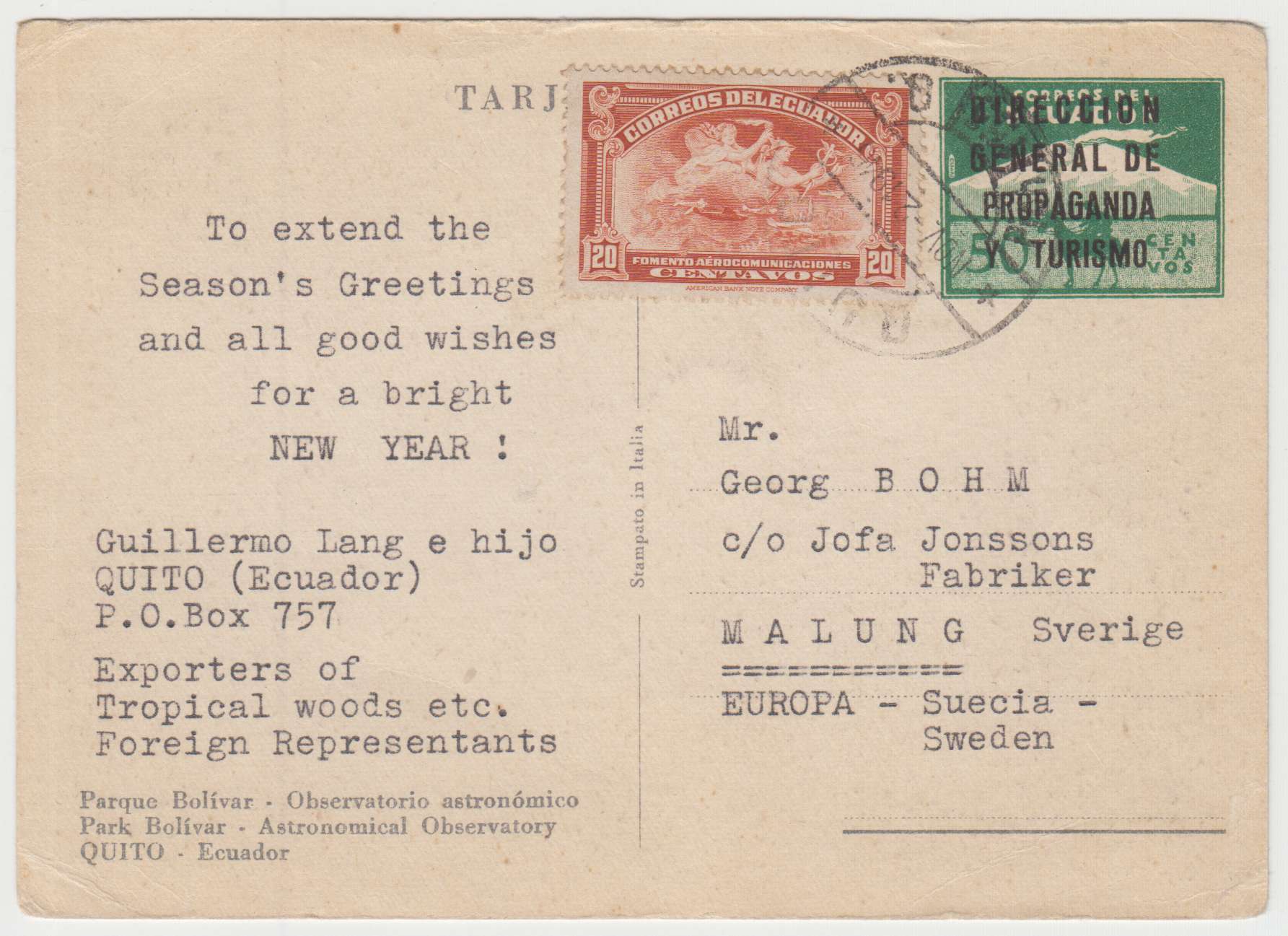 Ecuador 1946 — 50 Cents card ovptd "Direccion General DE Propaganda Turismo" with added Scott Rac3,…