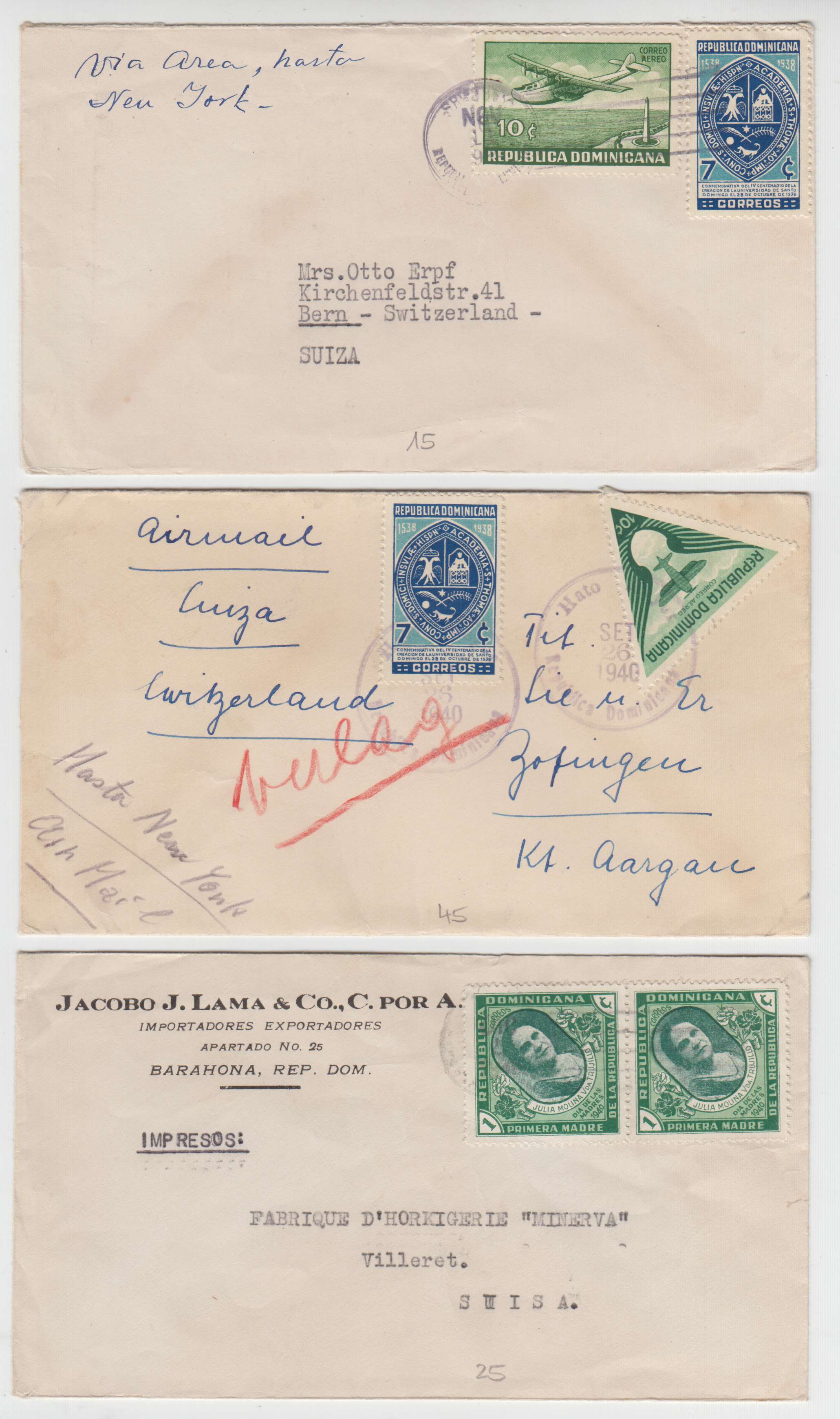 Dominican Republic 1930 — Collection of 11 air or surface covers to Haiti, Switzerland or Argentina with better