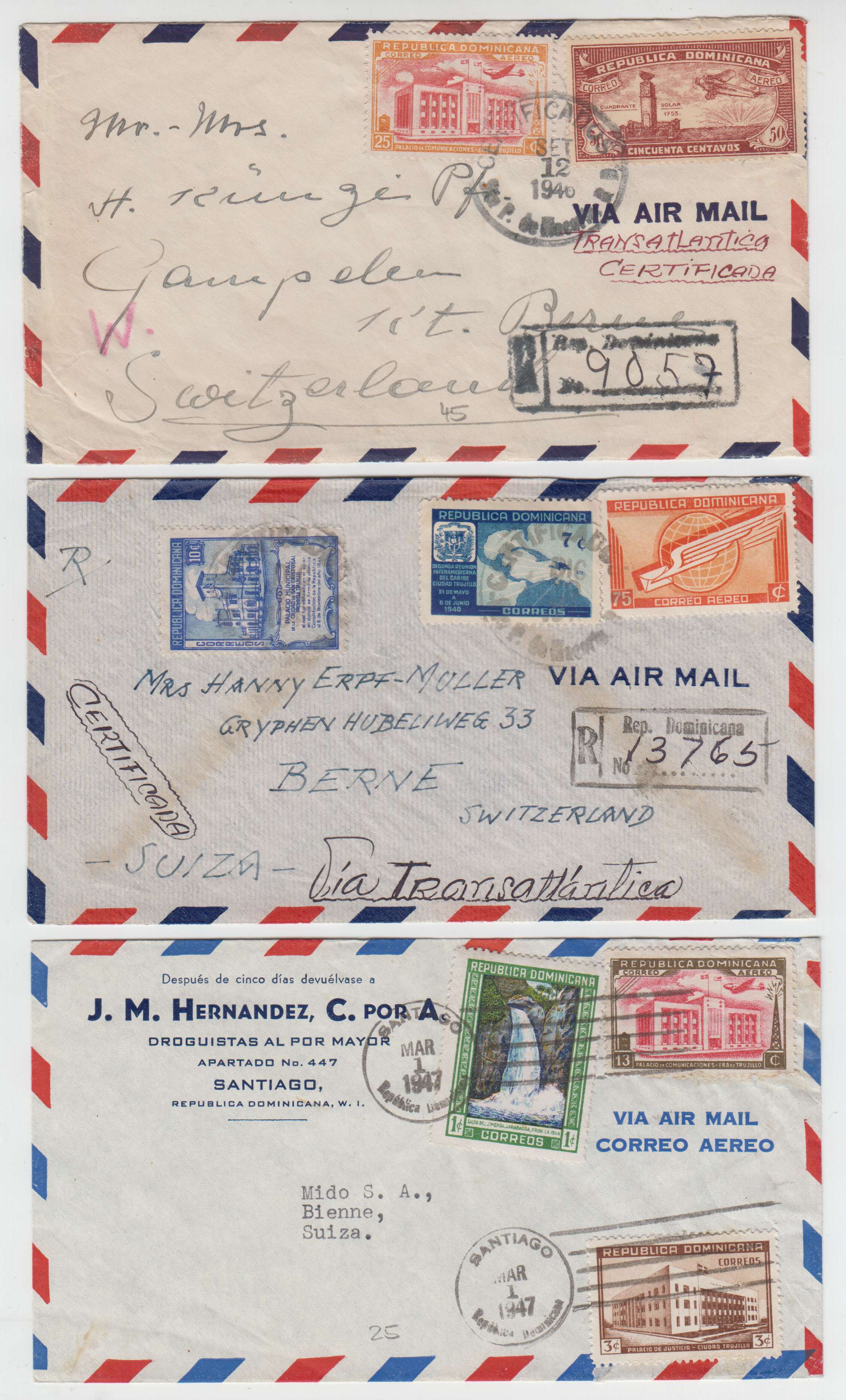 Dominican Republic 1945 — Collection of 13 air mail or R-airmail covers to Villeret, Bern or Bienne, Switzerland…