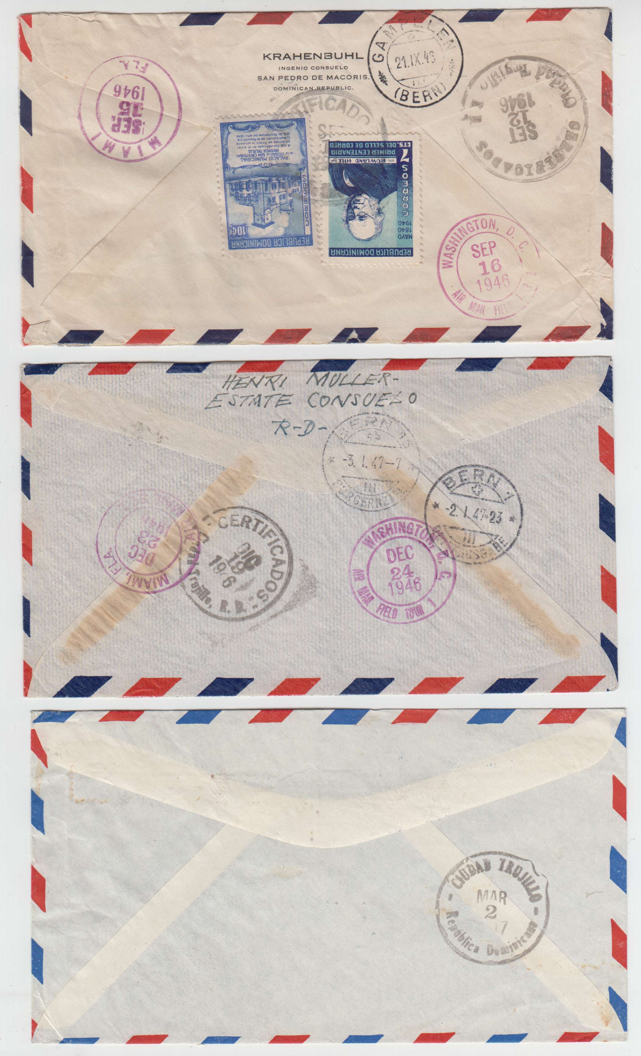 Dominican Republic 1945 — Collection of 13 air mail or R-airmail covers to Villeret, Bern or Bienne, Switzerland…