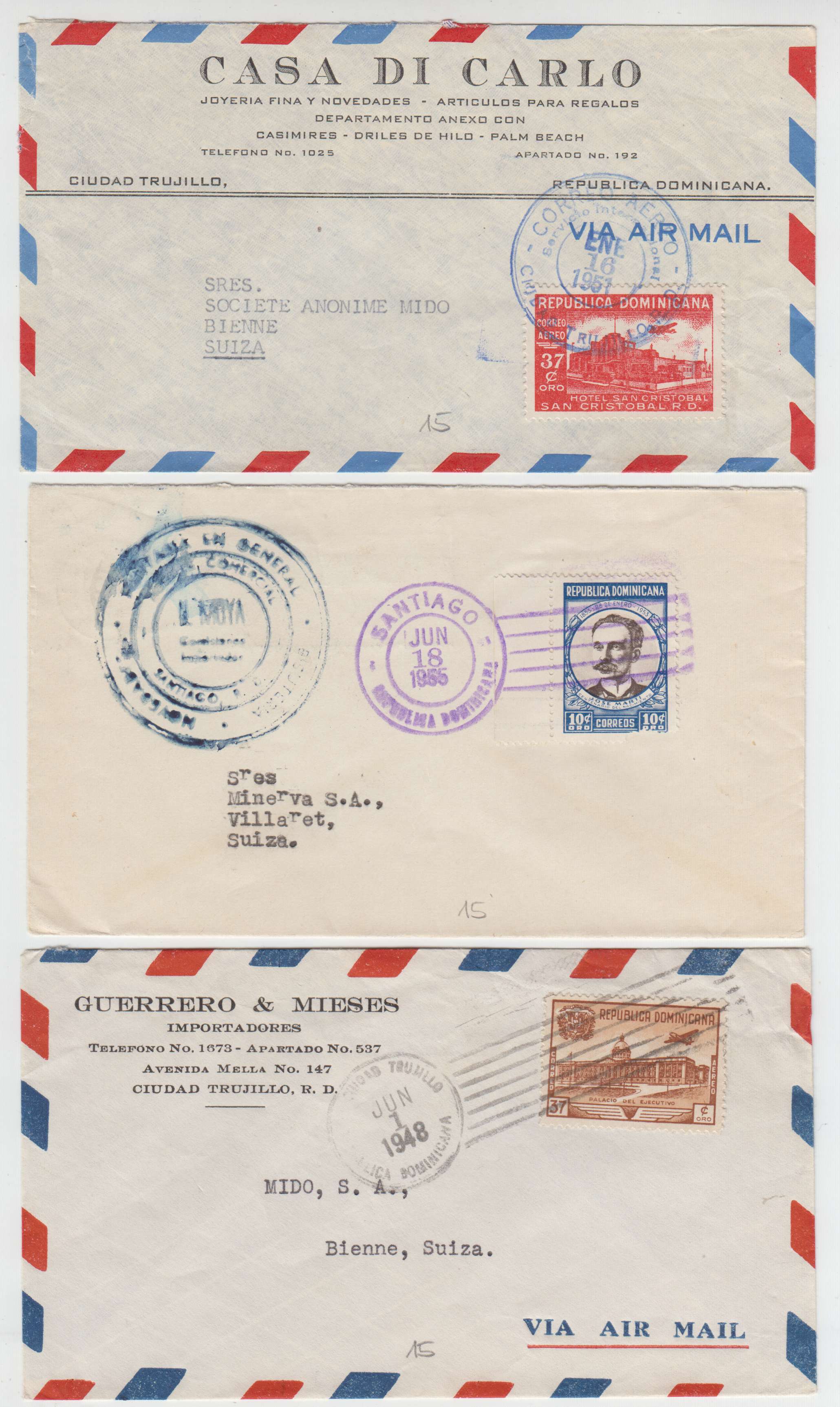 Dominican Republic 1945 — Collection of 13 air mail or R-airmail covers to Villeret, Bern or Bienne, Switzerland…