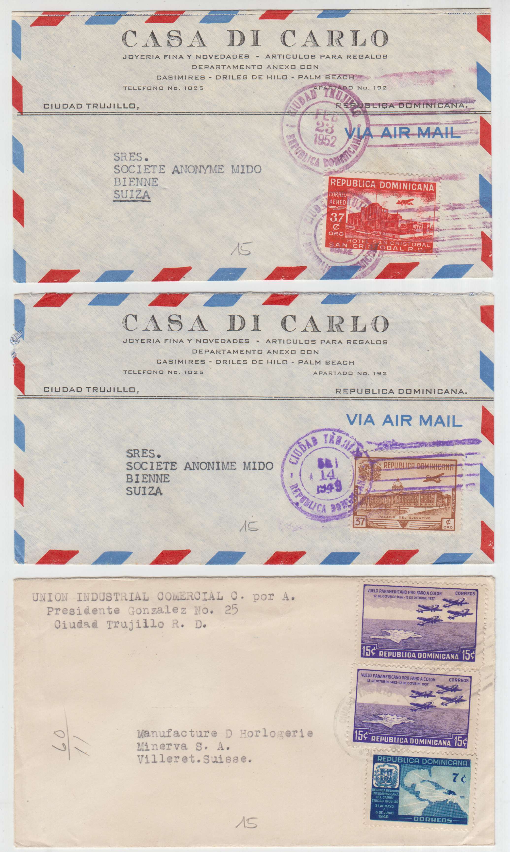 Dominican Republic 1945 — Collection of 13 air mail or R-airmail covers to Villeret, Bern or Bienne, Switzerland…