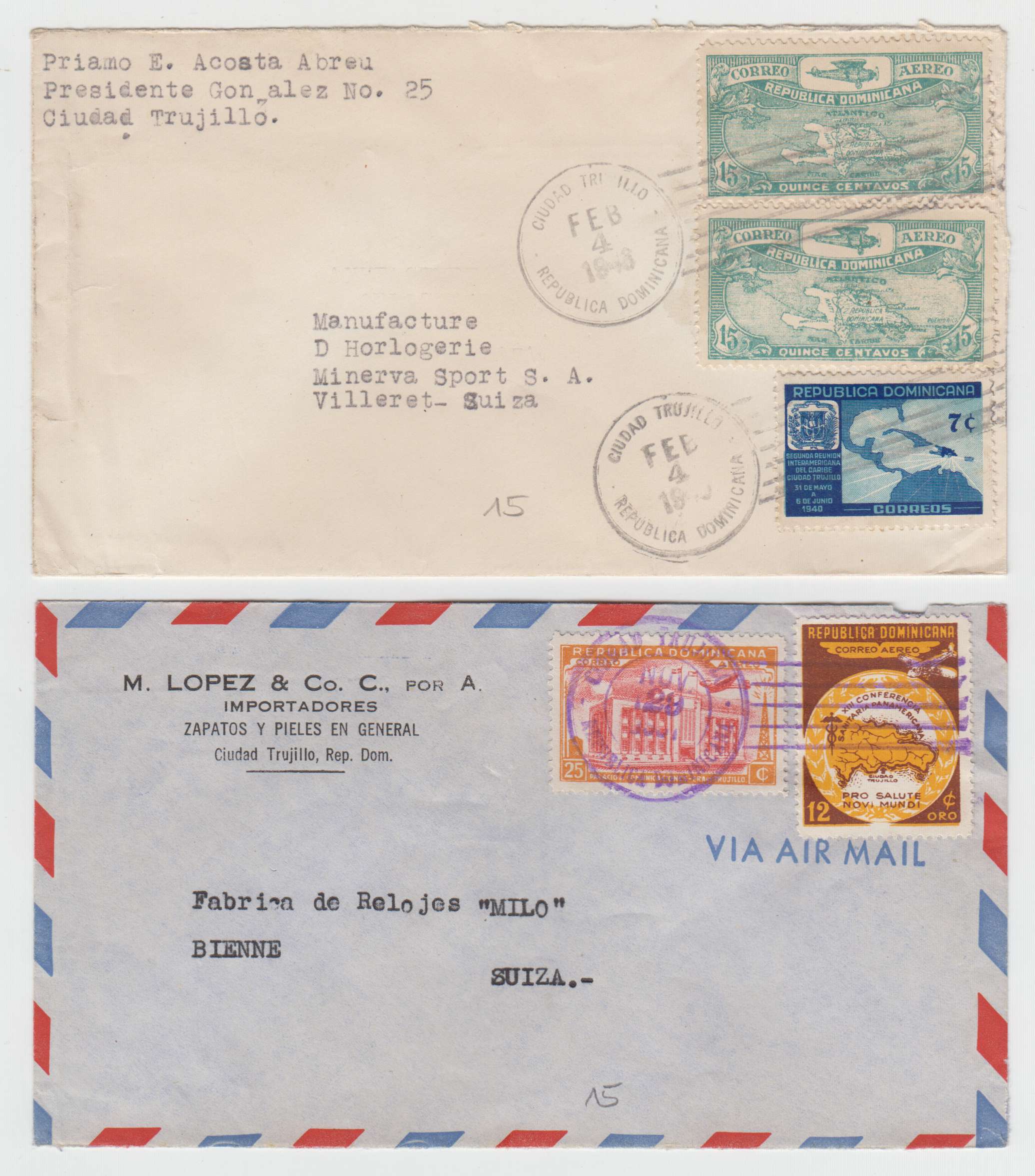 Dominican Republic 1945 — Collection of 13 air mail or R-airmail covers to Villeret, Bern or Bienne, Switzerland…