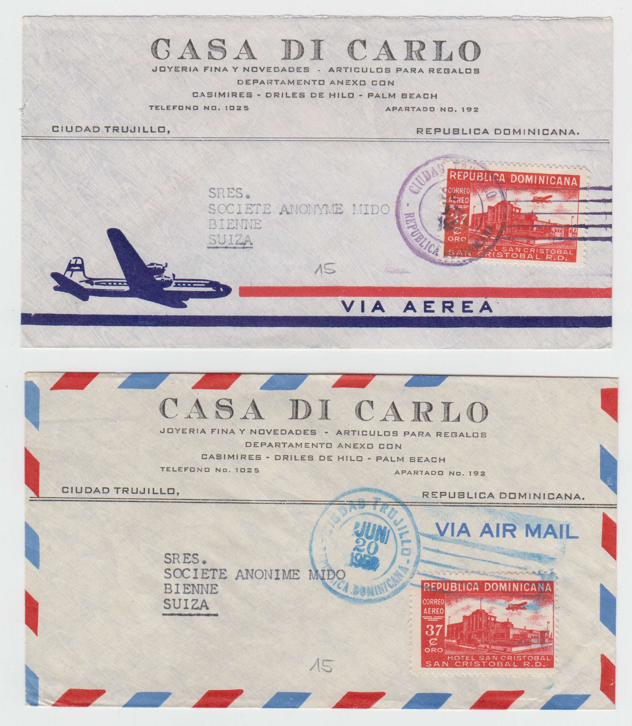 Dominican Republic 1945 — Collection of 13 air mail or R-airmail covers to Villeret, Bern or Bienne, Switzerland…