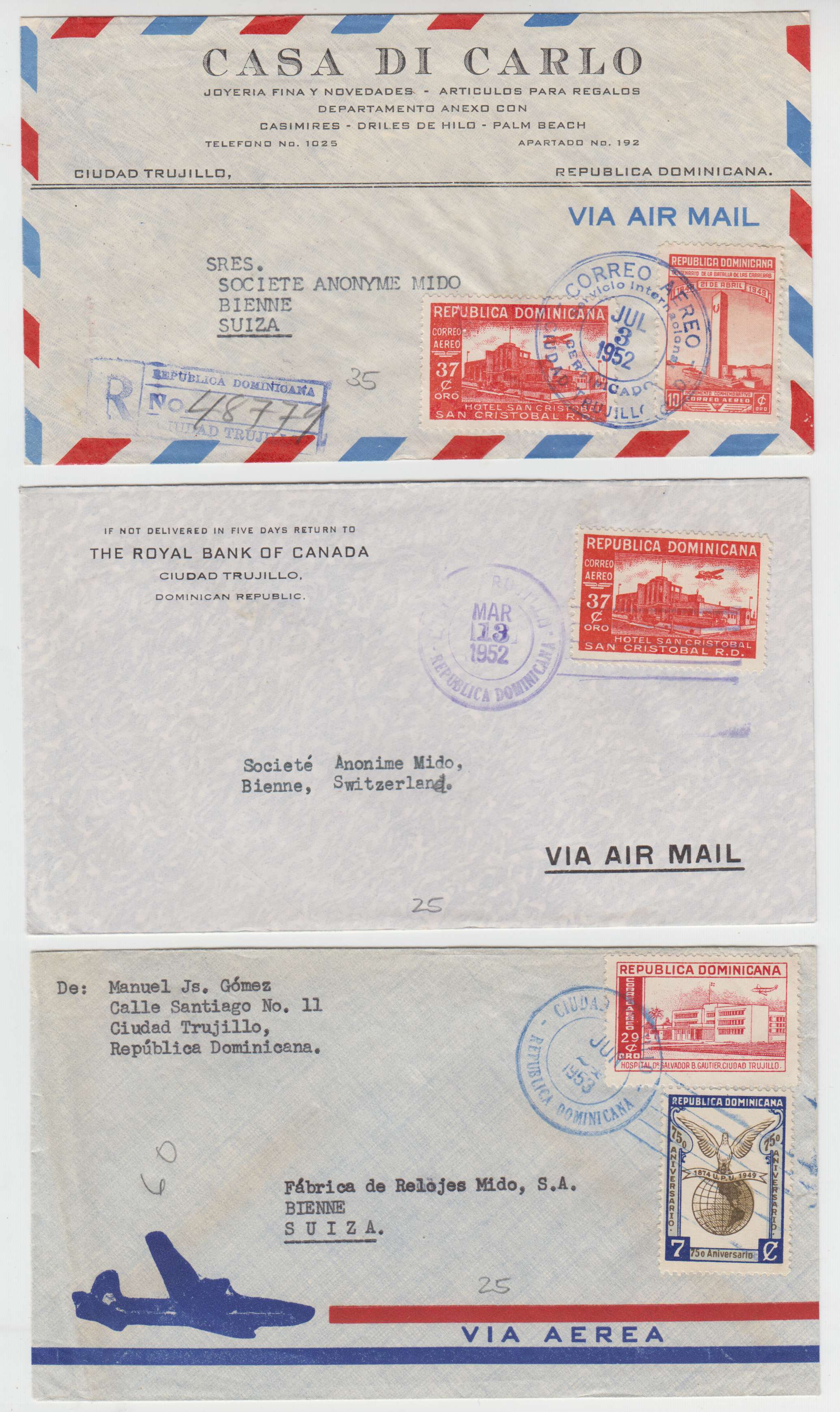Dominican Republic 1952 — Selection of 11 airmail covers to New York or Switzerland (one unadressed)
