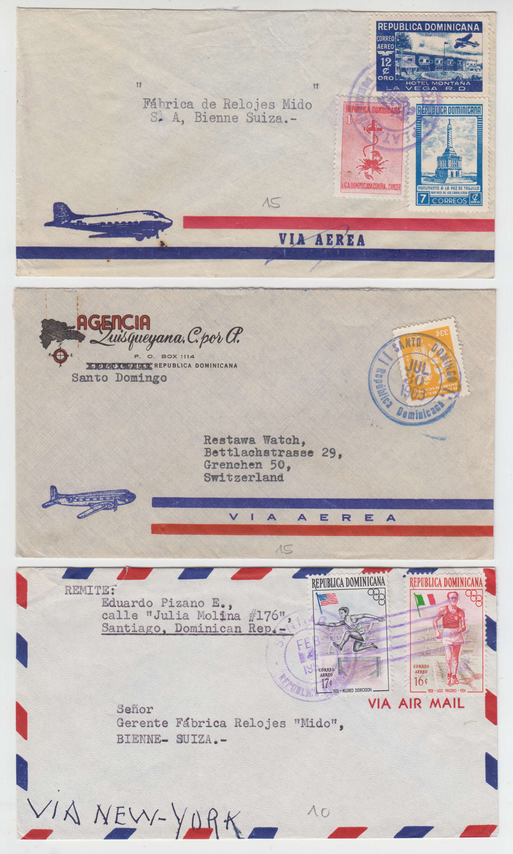 Dominican Republic 1952 — Selection of 11 airmail covers to New York or Switzerland (one unadressed)