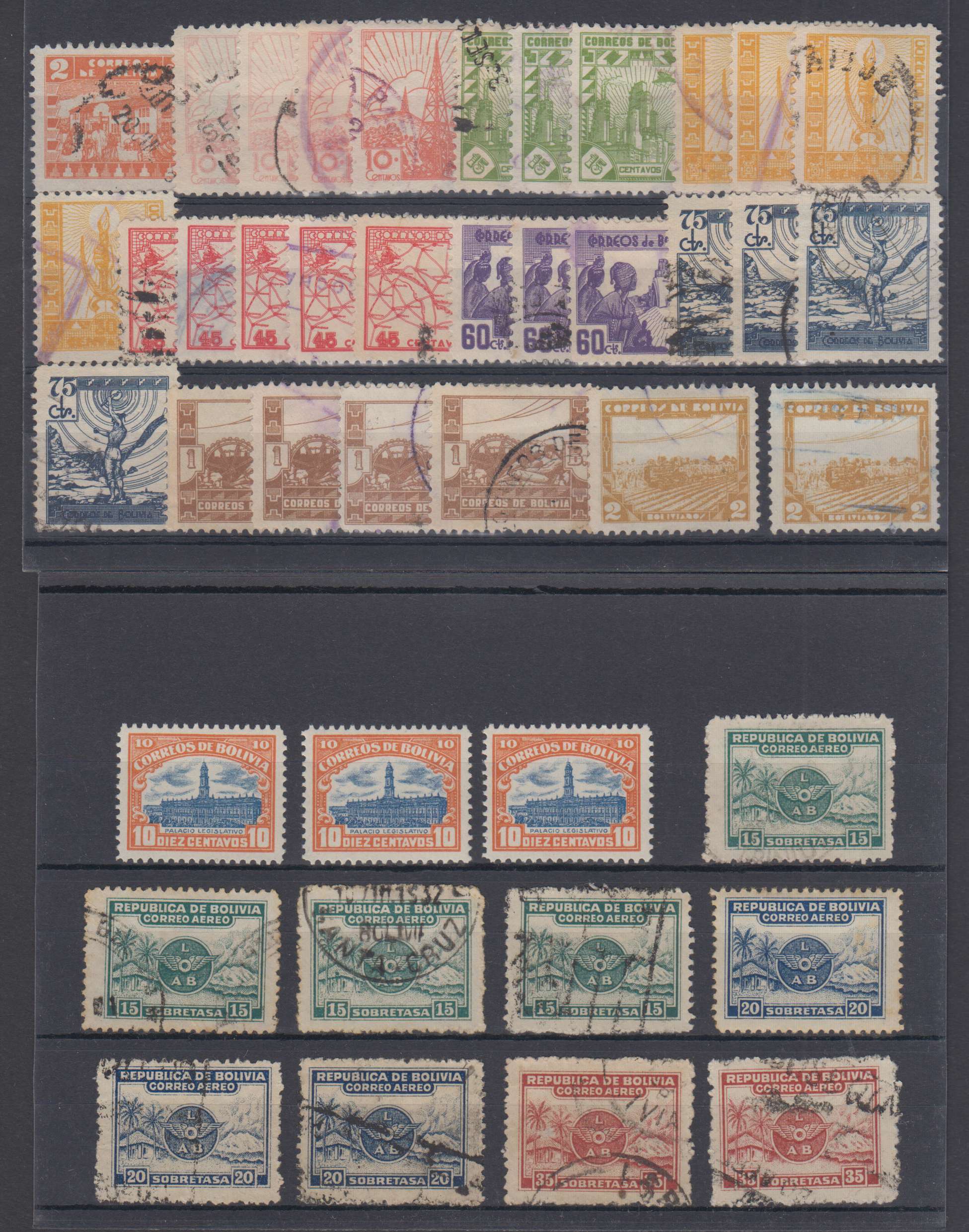 Bolivia — Selections on cards including Scott 92, 94 imperf pairs, 116b (3x) no period after…