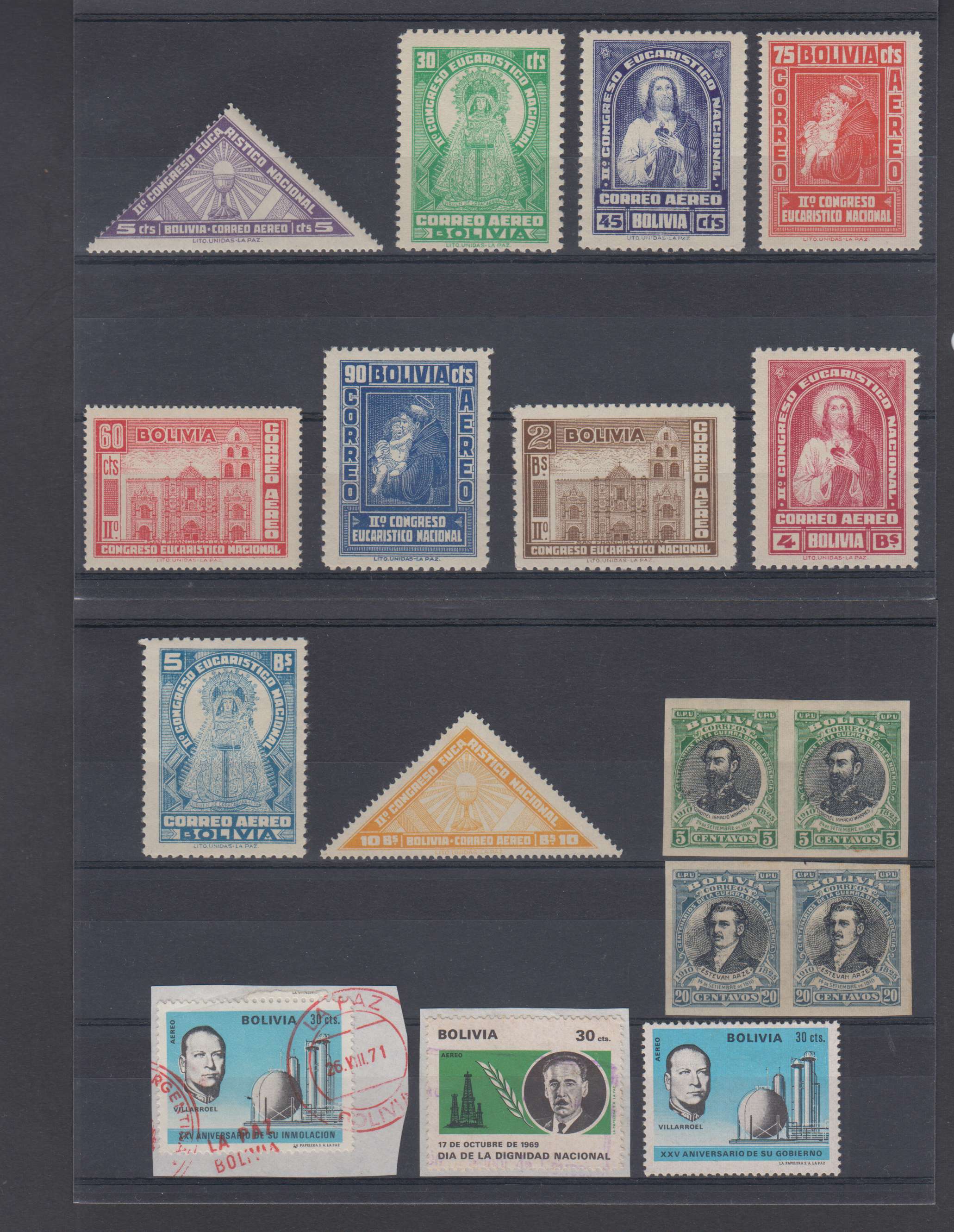 Bolivia — Selections on cards including Scott 92, 94 imperf pairs, 116b (3x) no period after…