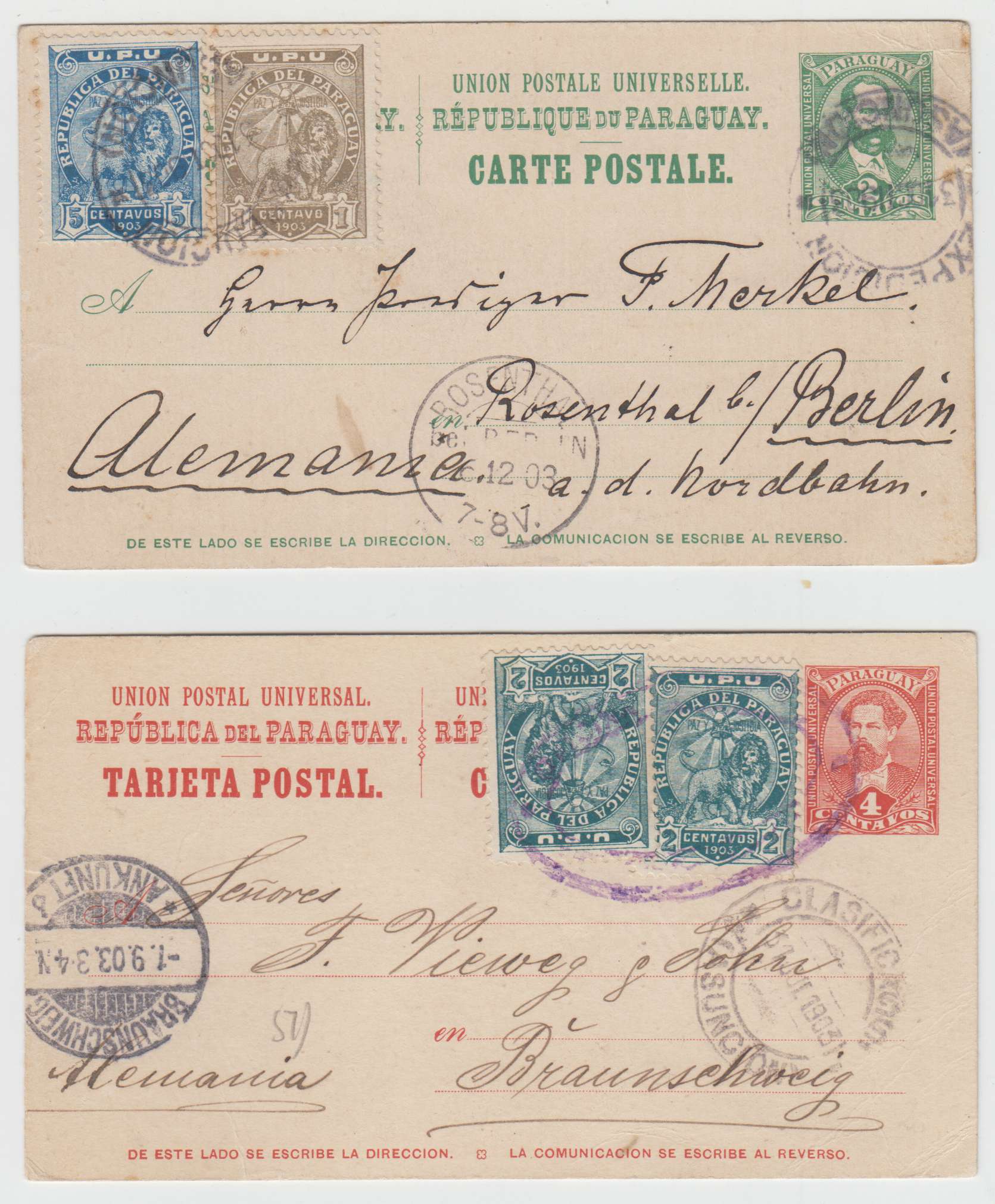 Paraguay 1903 — 2 & 4 cents cards with Scott 77-79 to complete 8 cents rate each