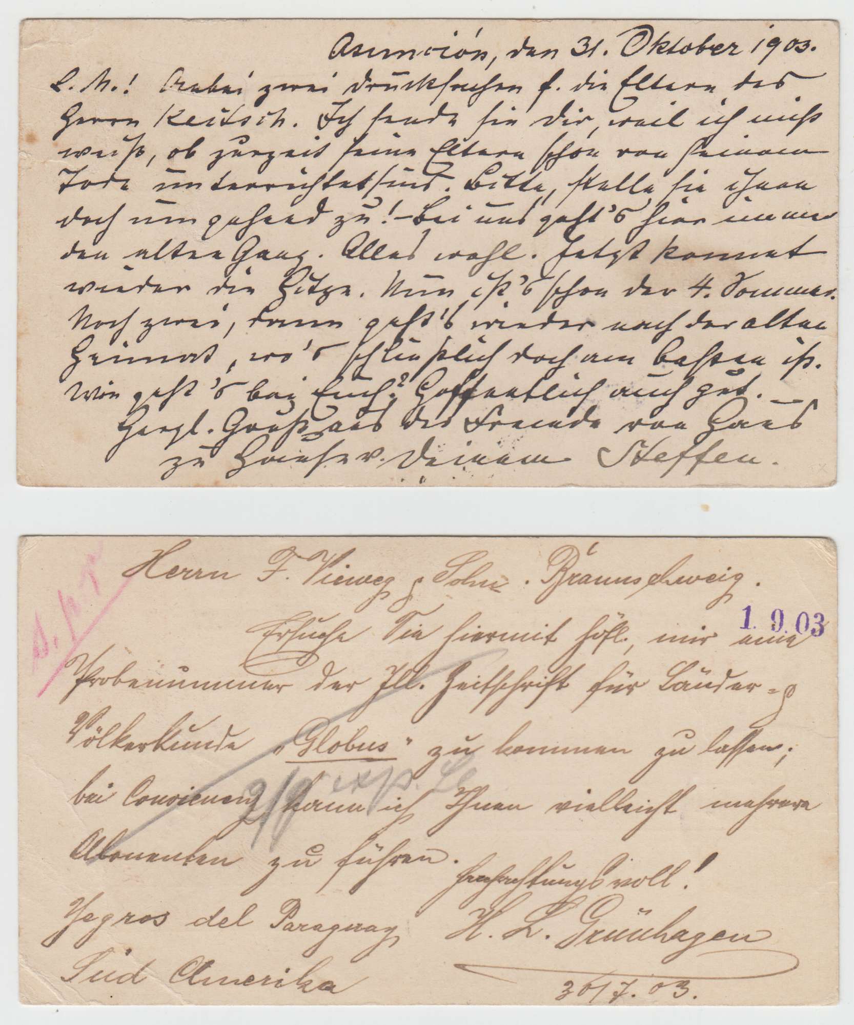 Paraguay 1903 — 2 & 4 cents cards with Scott 77-79 to complete 8 cents rate each