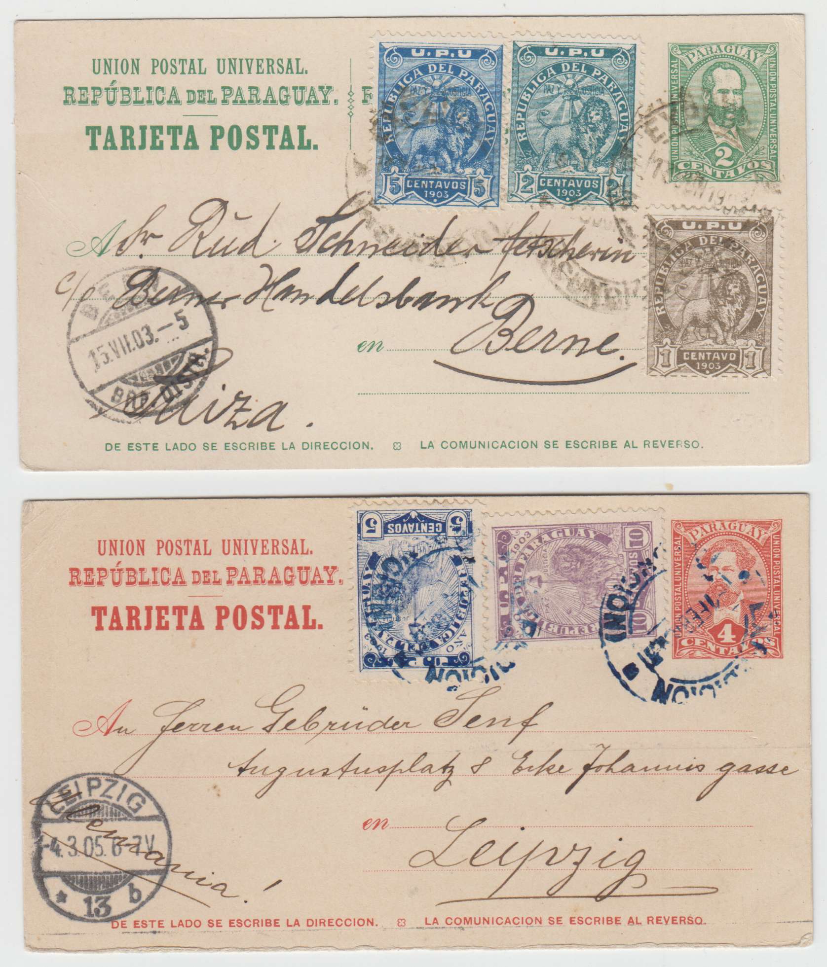 Paraguay 1903 — 2 cents + Scott 77-79 Asunciòn to Berne, Switzerland and 4 cents card + Scott 86-87 with…