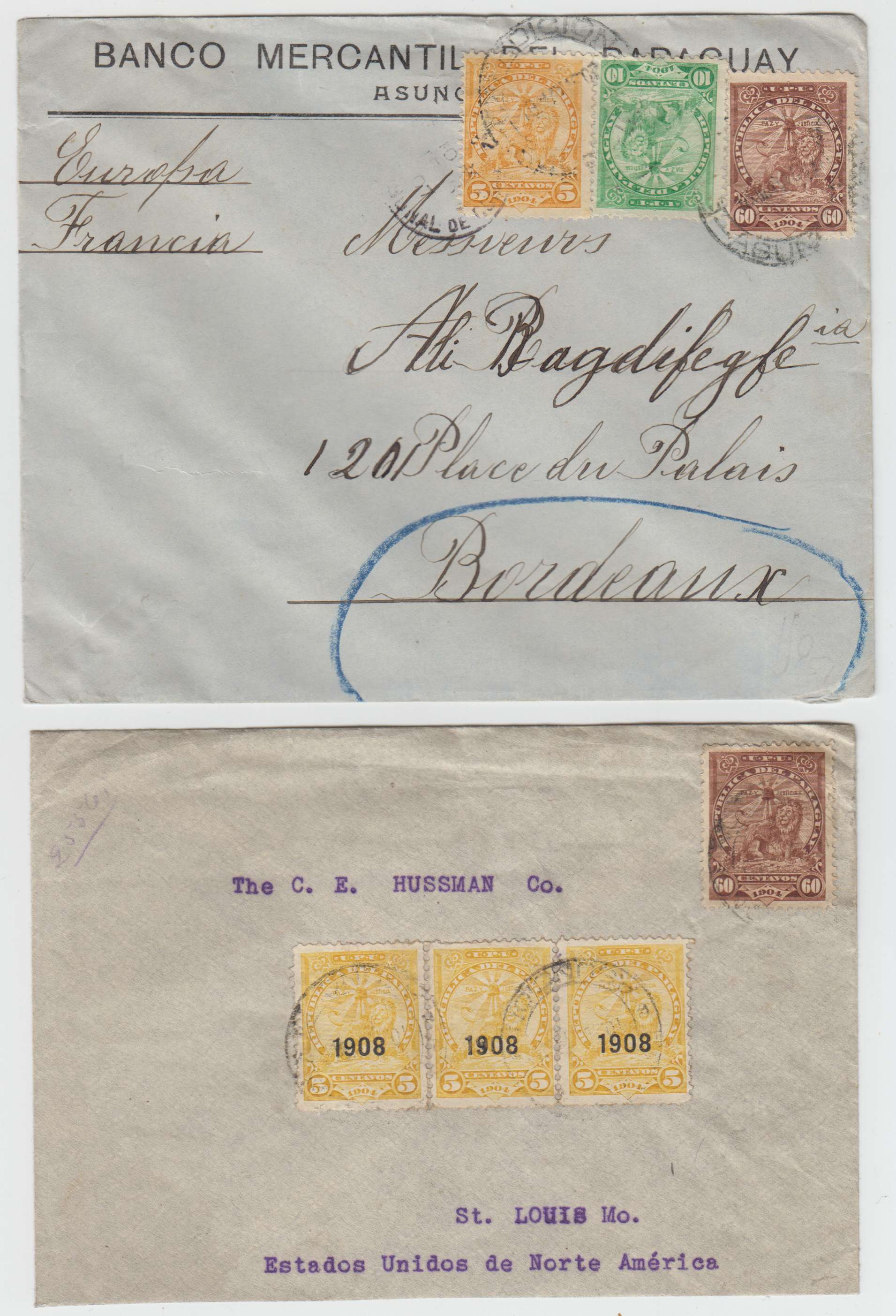 Paraguay 1907 — Two covers & a wrapper including Scott 99, 101 & 109 Asuncion to Bordeaux, France