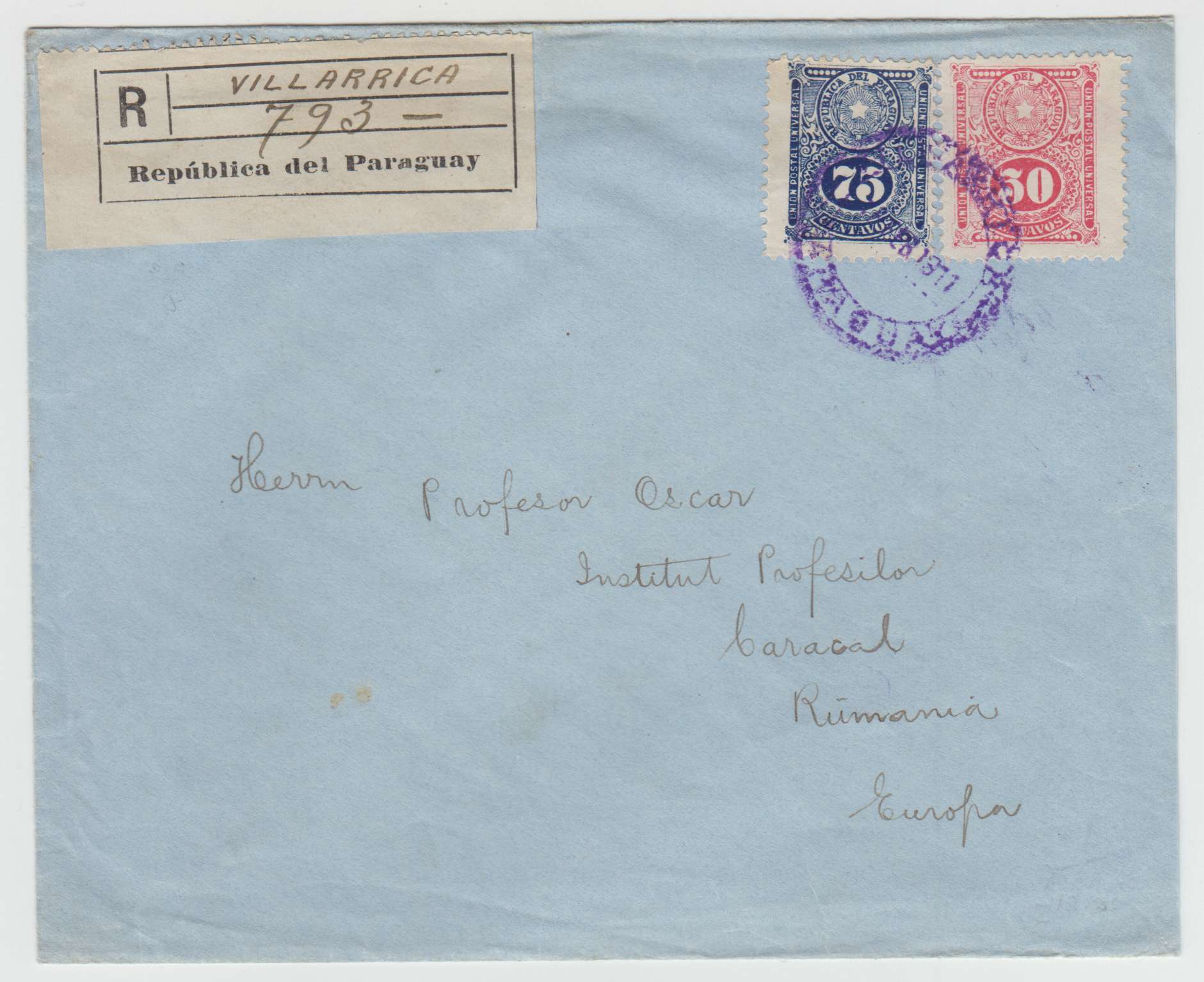 Paraguay 1911 — Scott 199 & 200 top values on R-cover tied by violet "Villarica Paraguay" Feb 1911 to…