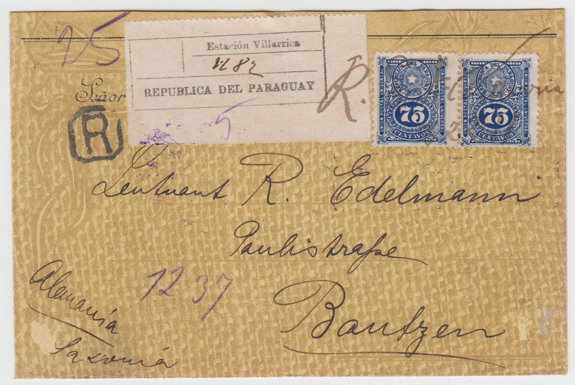 Paraguay 1911 — Superbe R-cover with Scott 200 pair, top value tried by pen "R.C