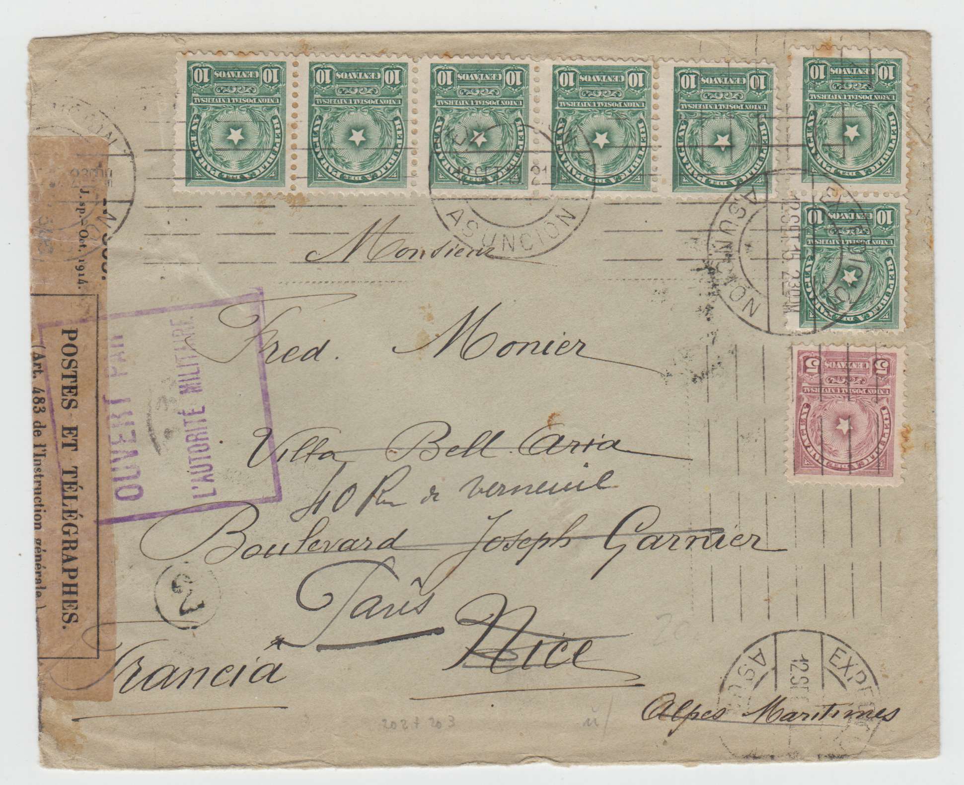 Paraguay 1915 — Superbe censor cover to Nice, France redirected to Paris with Scott 211 & 212 (7x),…