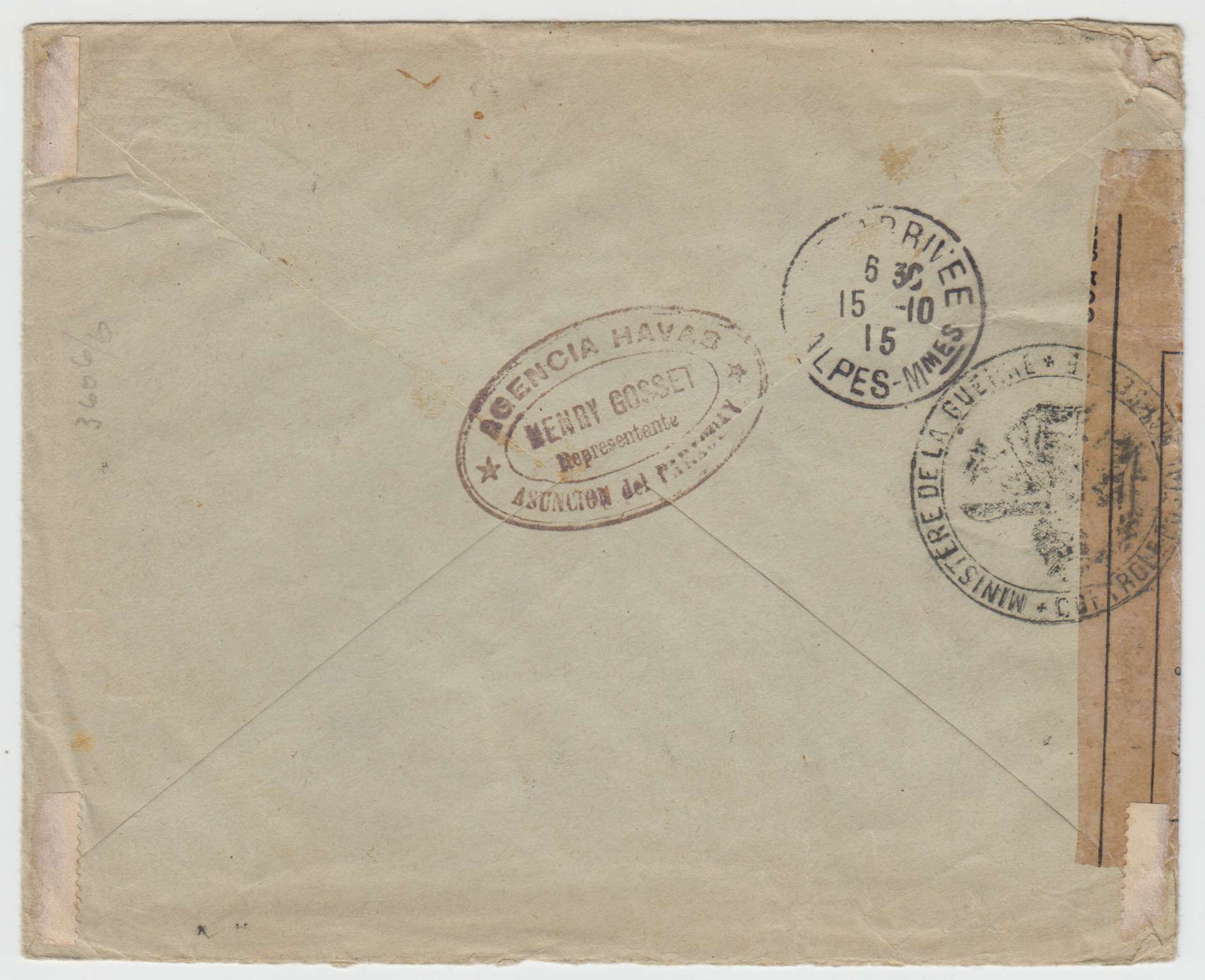 Paraguay 1915 — Superbe censor cover to Nice, France redirected to Paris with Scott 211 & 212 (7x),…