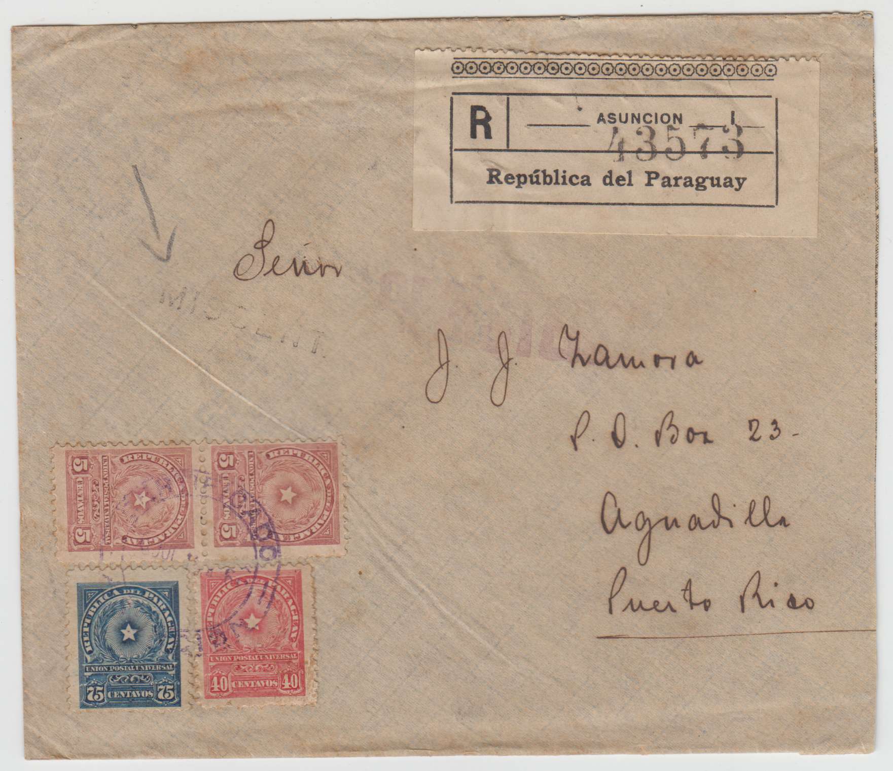 Paraguay 1915 — R-Cover to Puert Rico