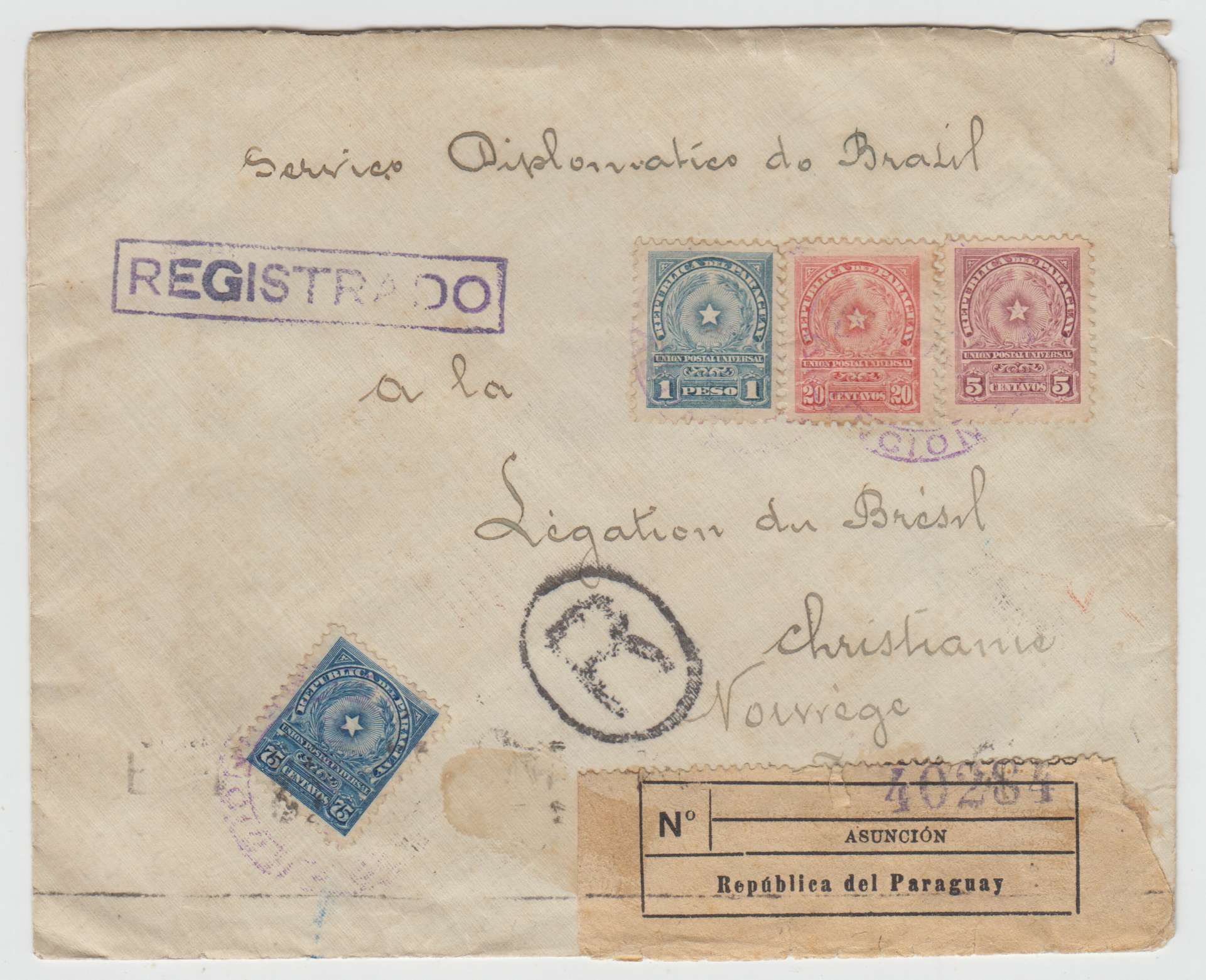 Paraguay 1917 — Superbe Brazil diplomatic service R-cover Asuncion to Christiania, Norway