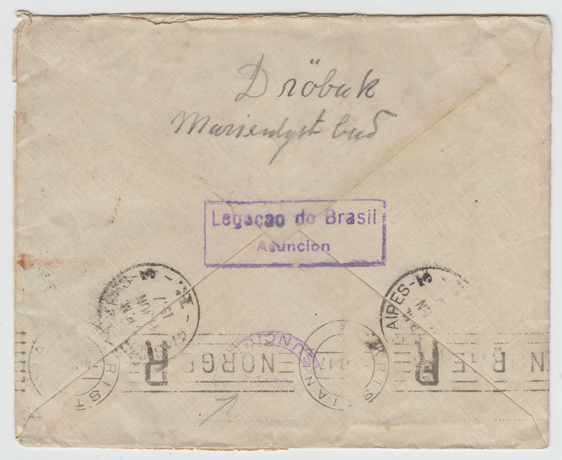 Paraguay 1917 — Superbe Brazil diplomatic service R-cover Asuncion to Christiania, Norway