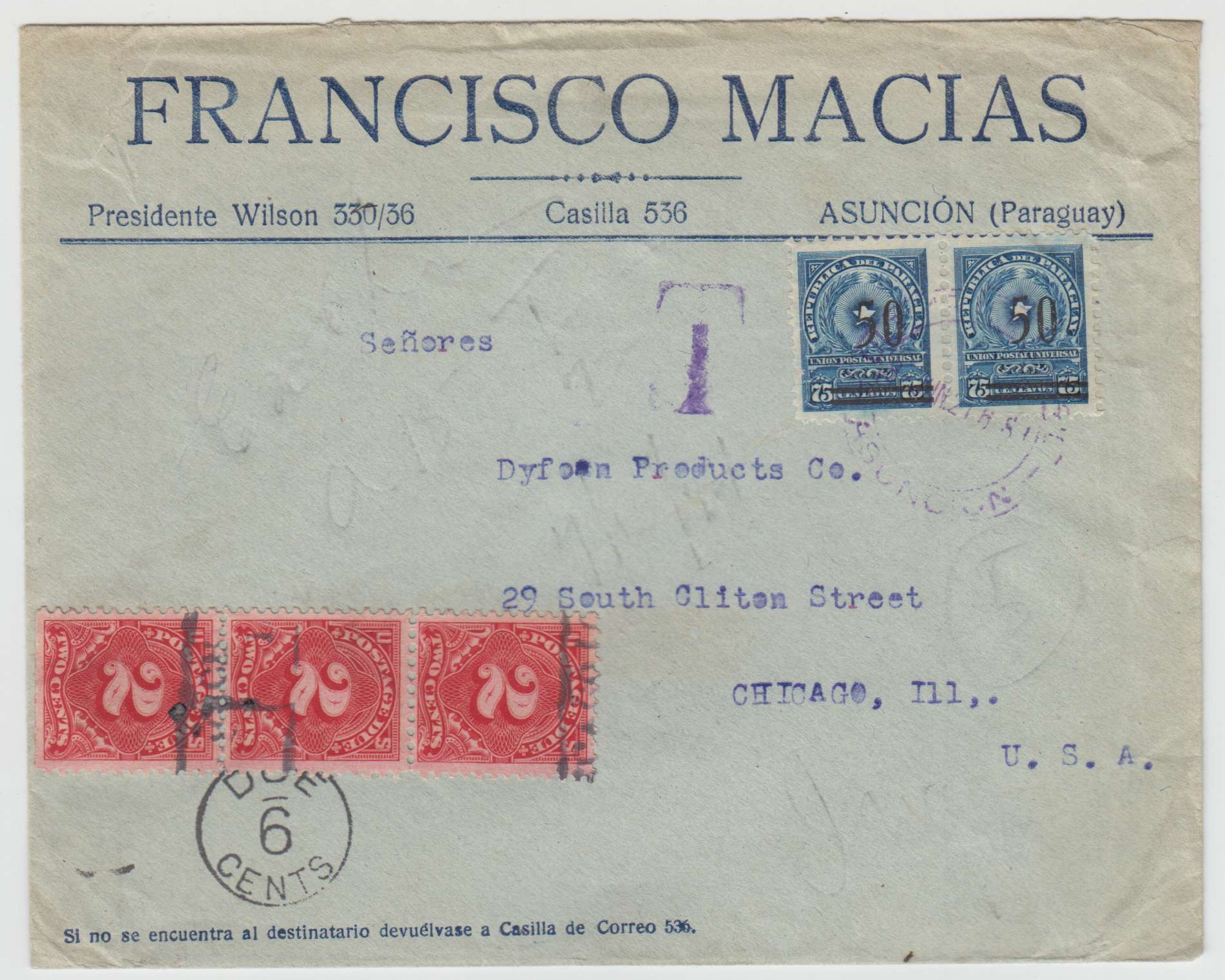 Paraguay 1921 — Duerated Cover to USA