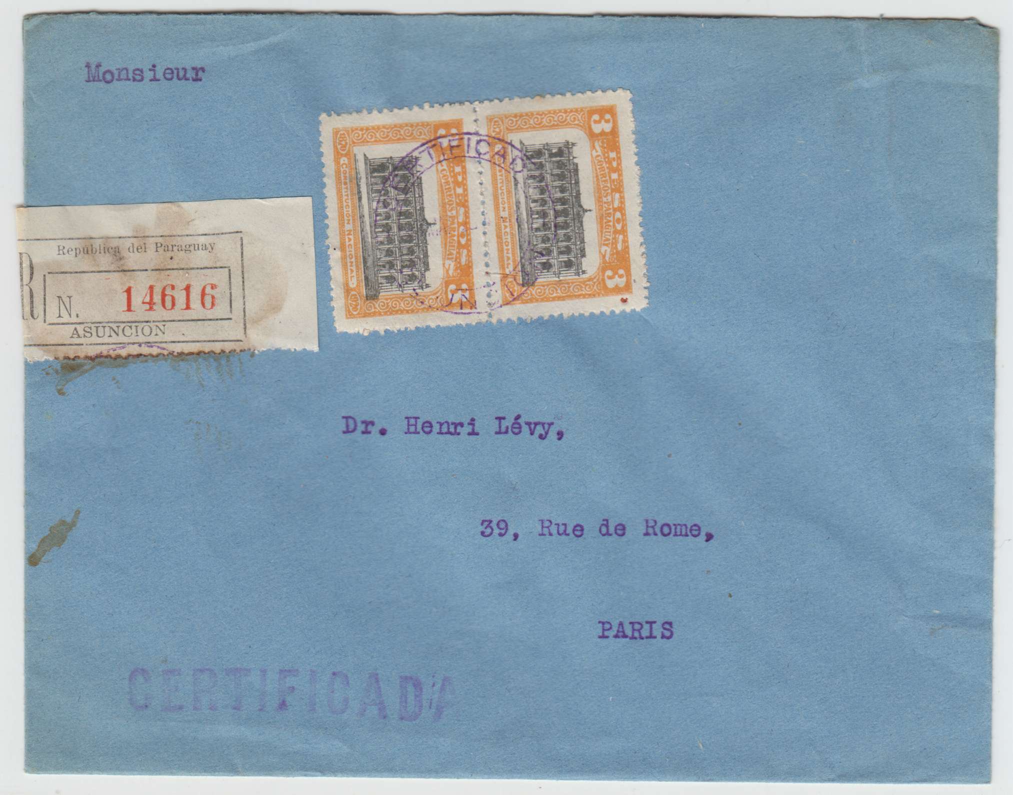 Paraguay 1922 — Scott 236 pair, top value on R-cover
