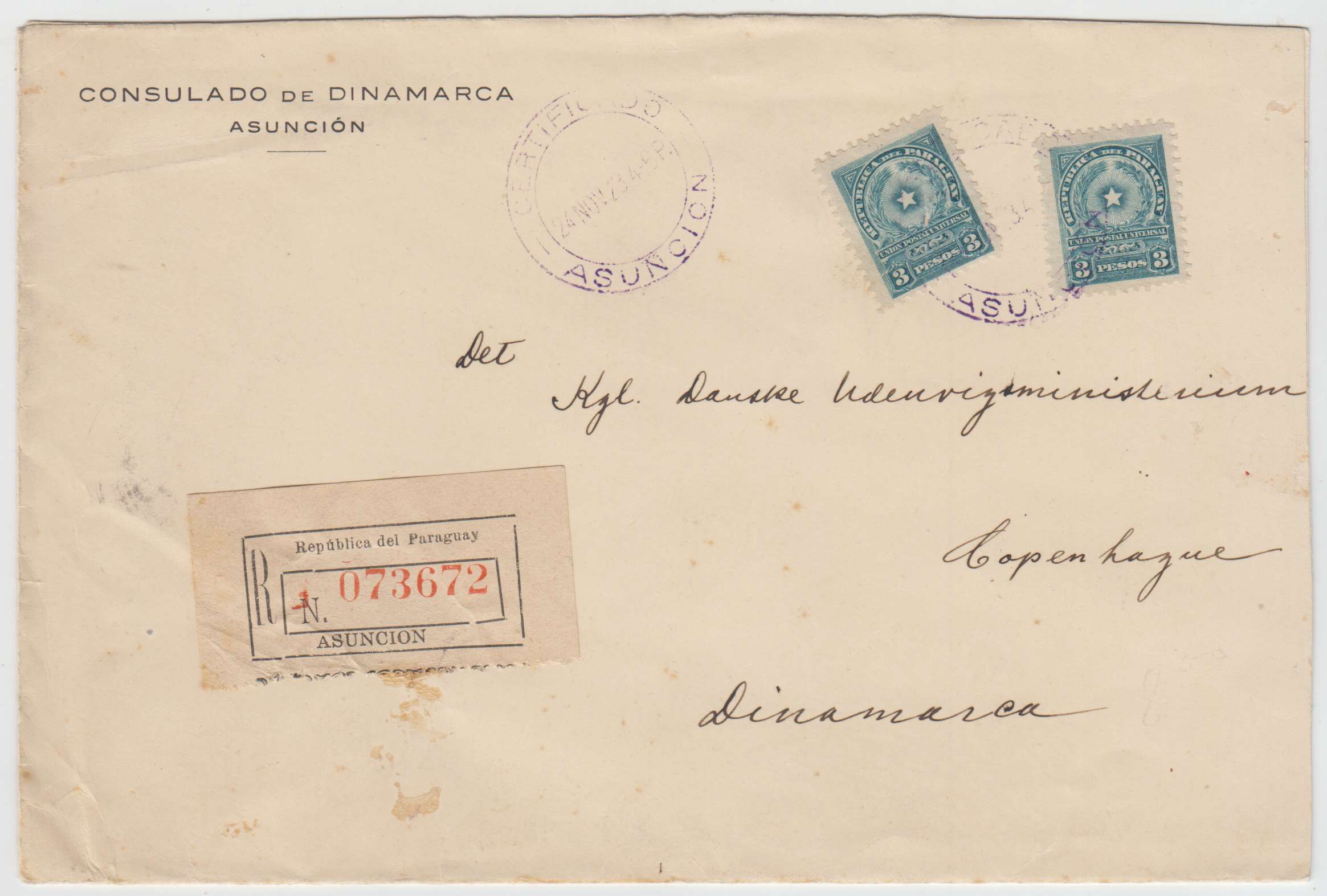 Paraguay 1923 — Superbe R-cover to Denmark