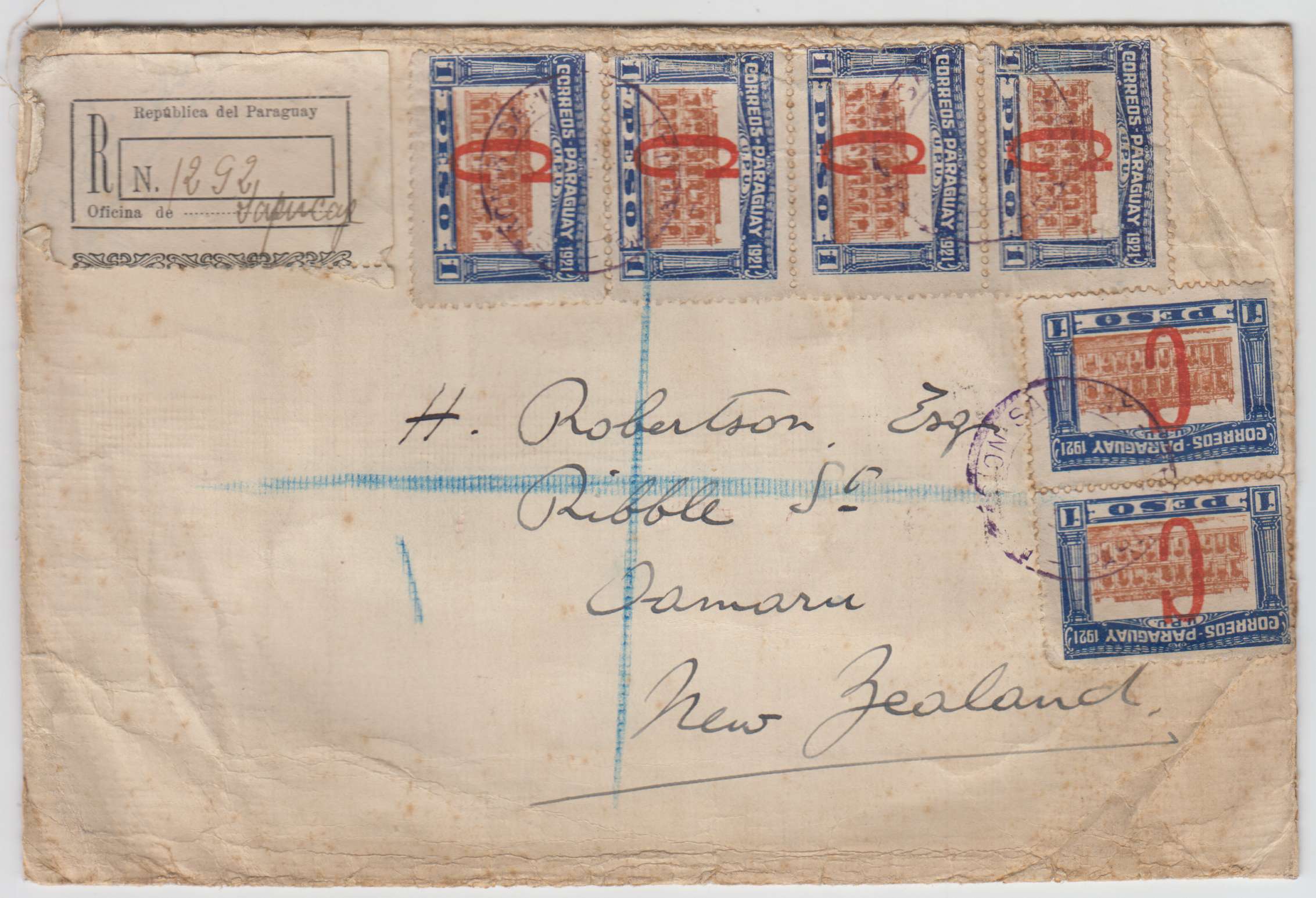 Paraguay 1924 — Superbe R-cover to New Zealand with Scott L2, six singles tied by Sapucay cds' with…