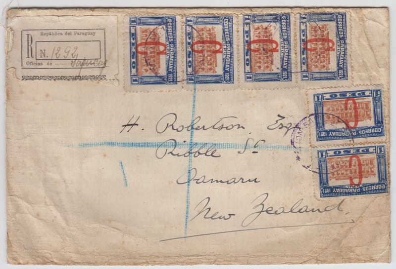 Paraguay 1924 — Superbe R-cover to New Zealand with Scott L2, six singles tied by Sapucay cds'…