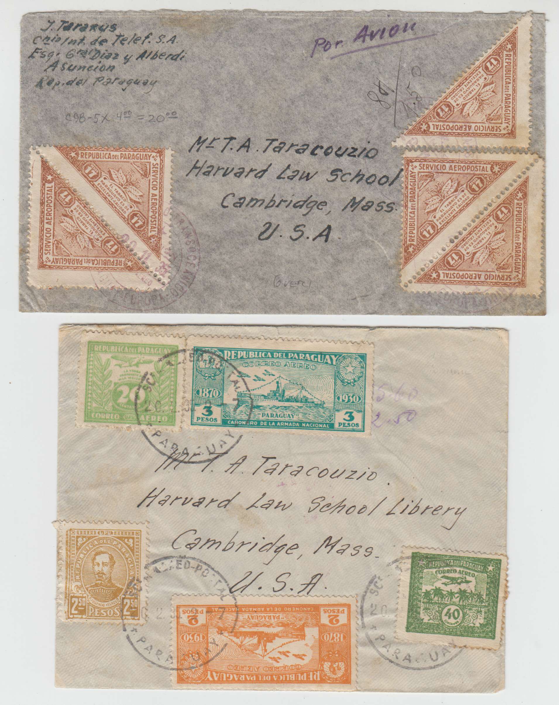 Paraguay 1935 — Four Air covers to USA via Aeropostale & others with Tobacco, Zeppelin & other frankings…