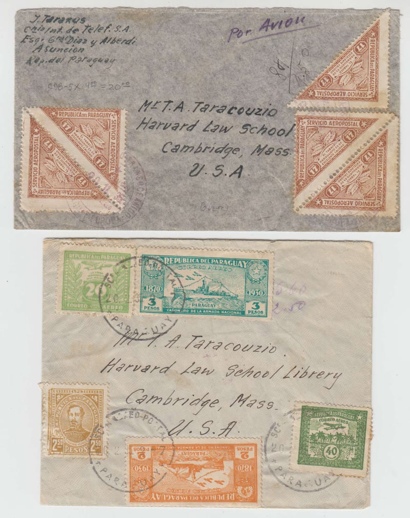 Paraguay 1935 — Four Air covers to USA via Aeropostale & others with Tobacco, Zeppelin & other frankings…
