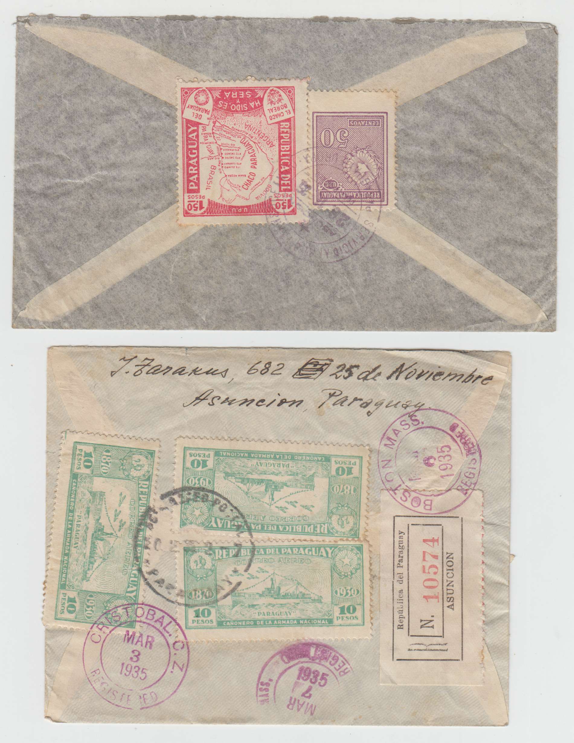 Paraguay 1935 — Four Air covers to USA via Aeropostale & others with Tobacco, Zeppelin & other frankings…
