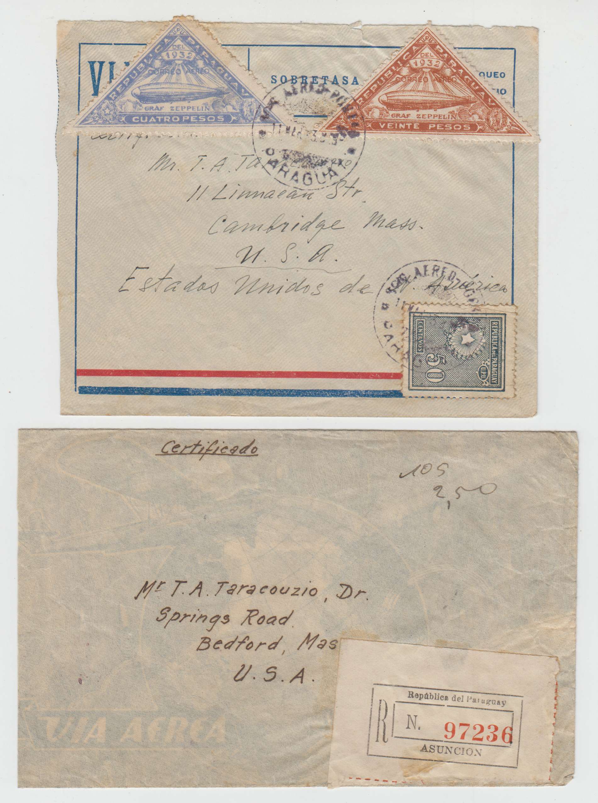 Paraguay 1935 — Four Air covers to USA via Aeropostale & others with Tobacco, Zeppelin & other frankings…