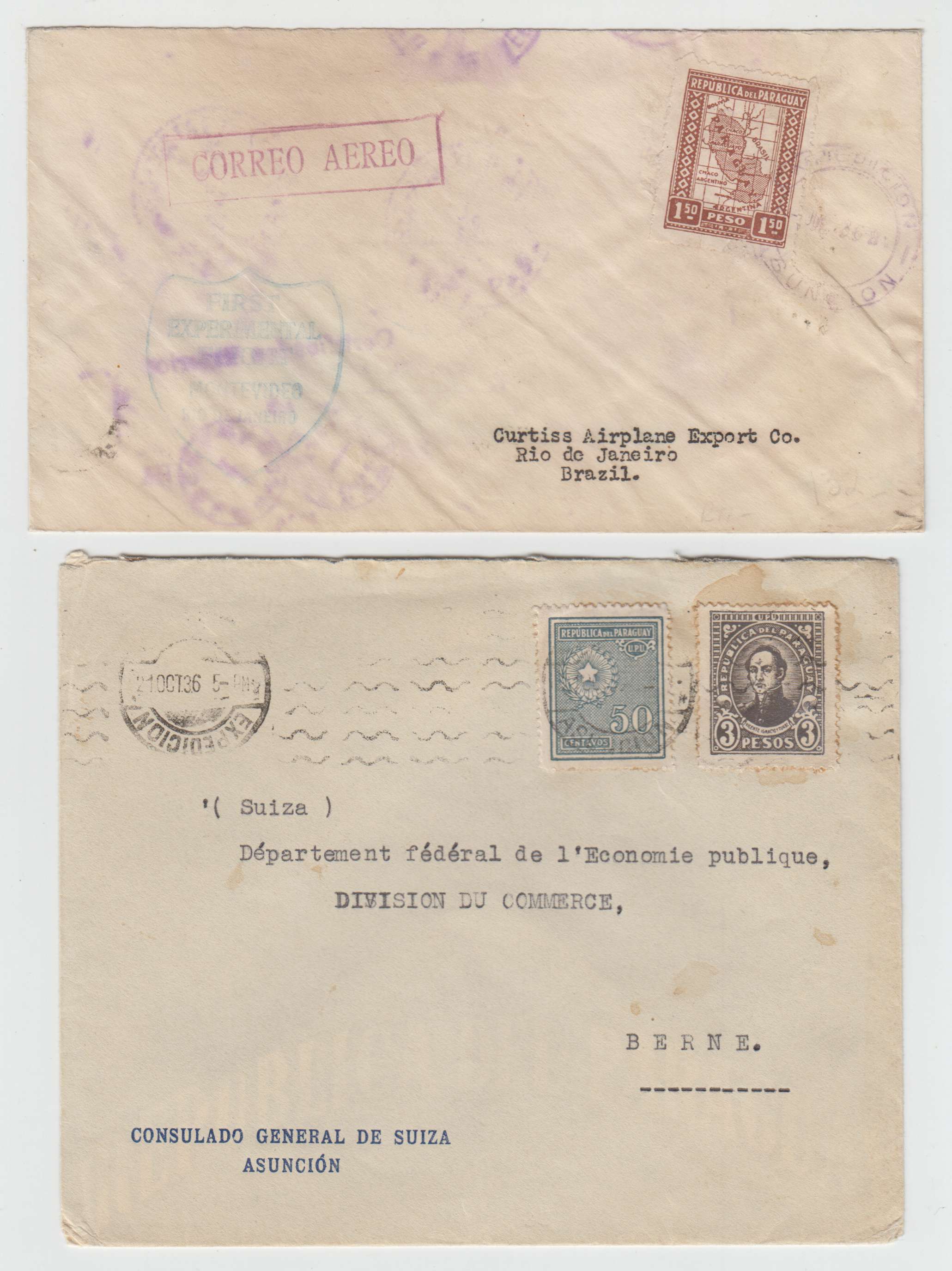 Paraguay 1936 — Four covers including First experimental Flight Montevideo - Rio de Janeiro by Doolitle…
