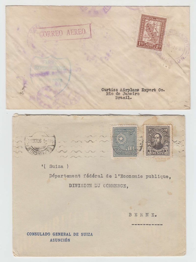Paraguay 1936 — Four covers including First experimental Flight Montevideo - Rio de Janeiro by Doolitle…