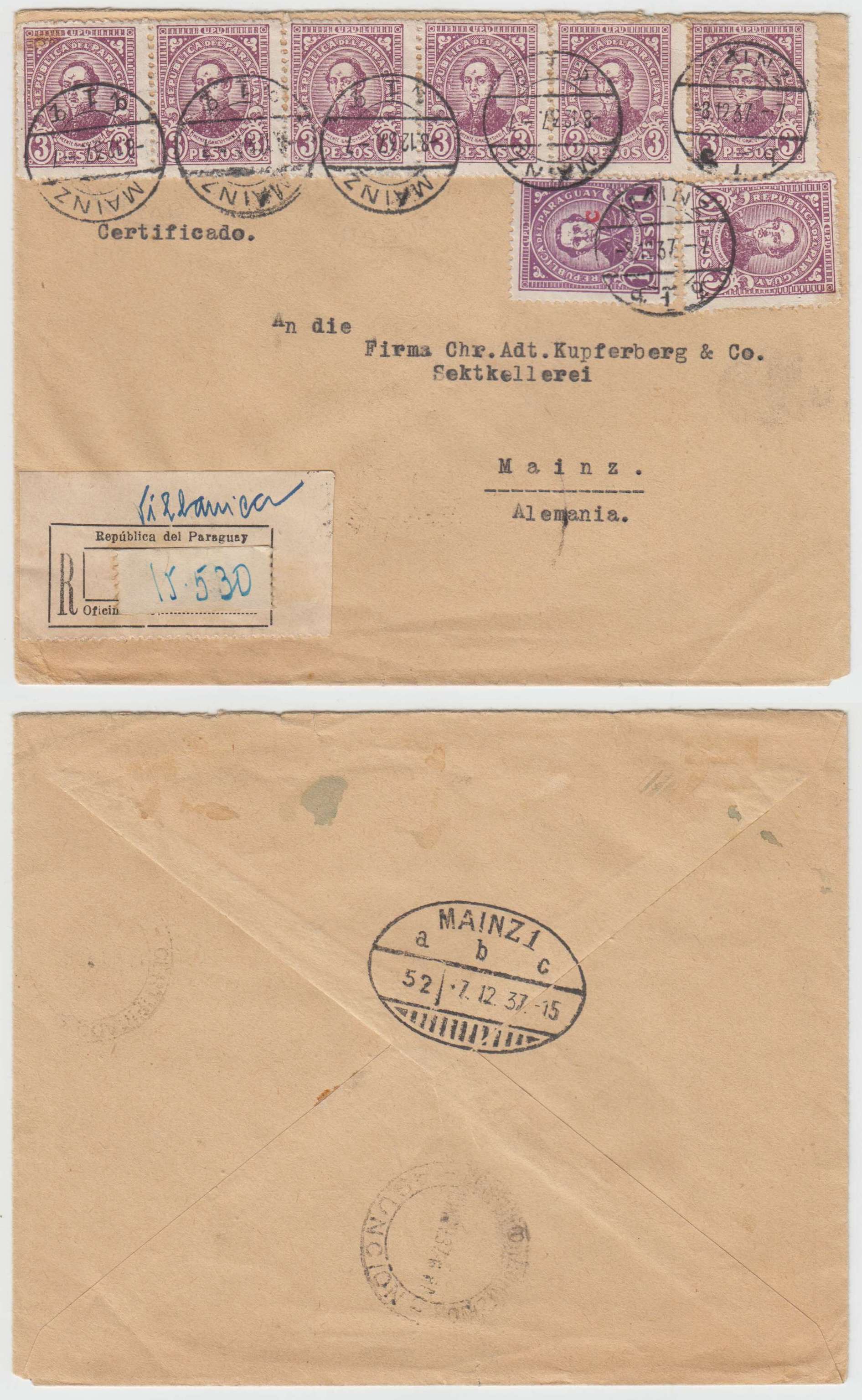 Paraguay 1937 — Scott 296 (7x) & L21, mixed ordinary post & Interior office stamps on R-cover, Villarica…