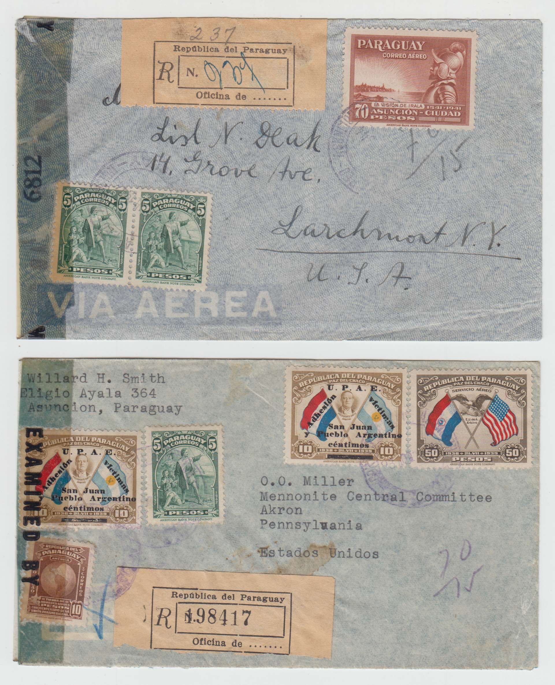 Paraguay 1942 — Four Wwii censor covers to USA with three R-covers & one printed "Victory & Freedom"