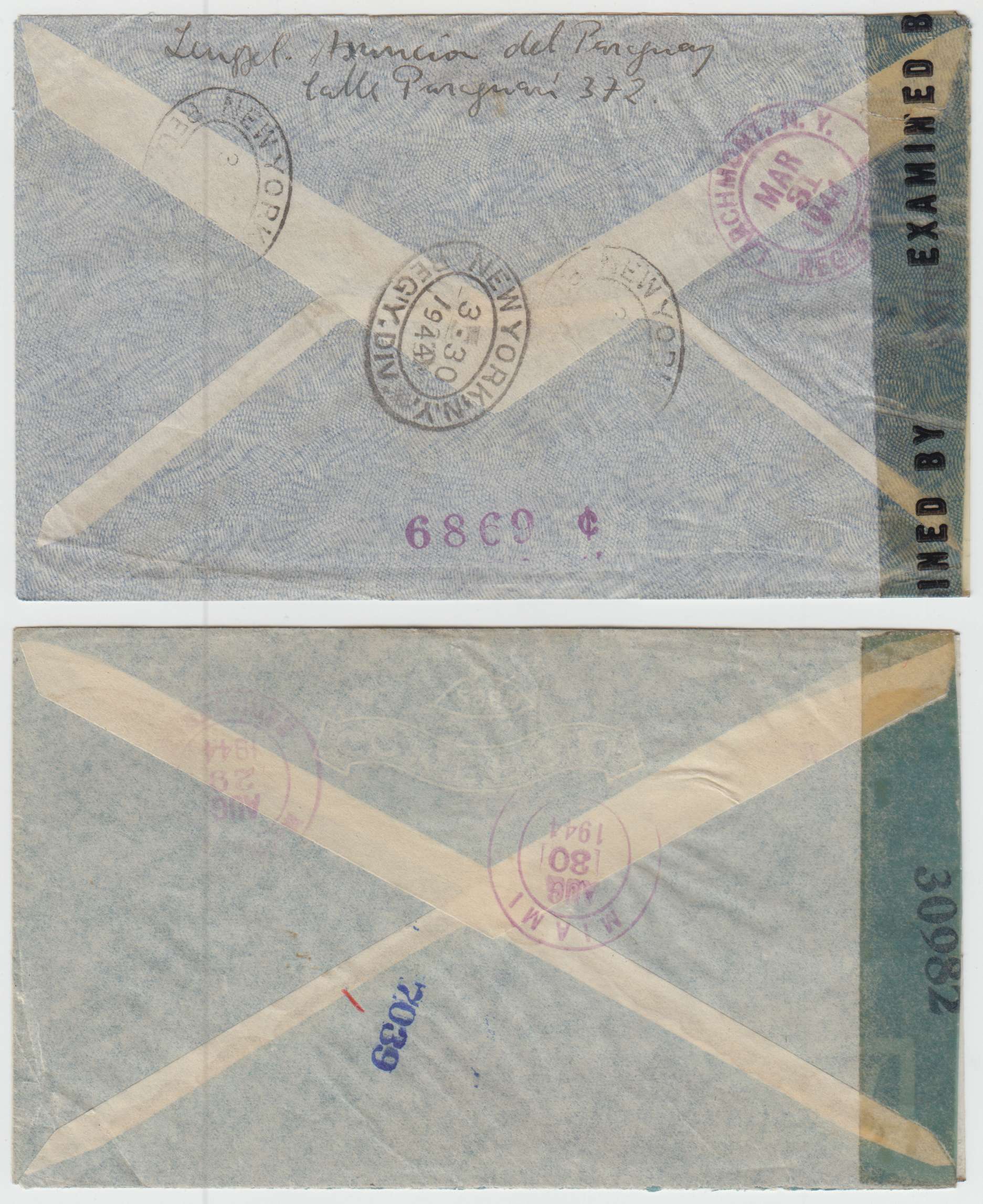 Paraguay 1942 — Four Wwii censor covers to USA with three R-covers & one printed "Victory & Freedom"